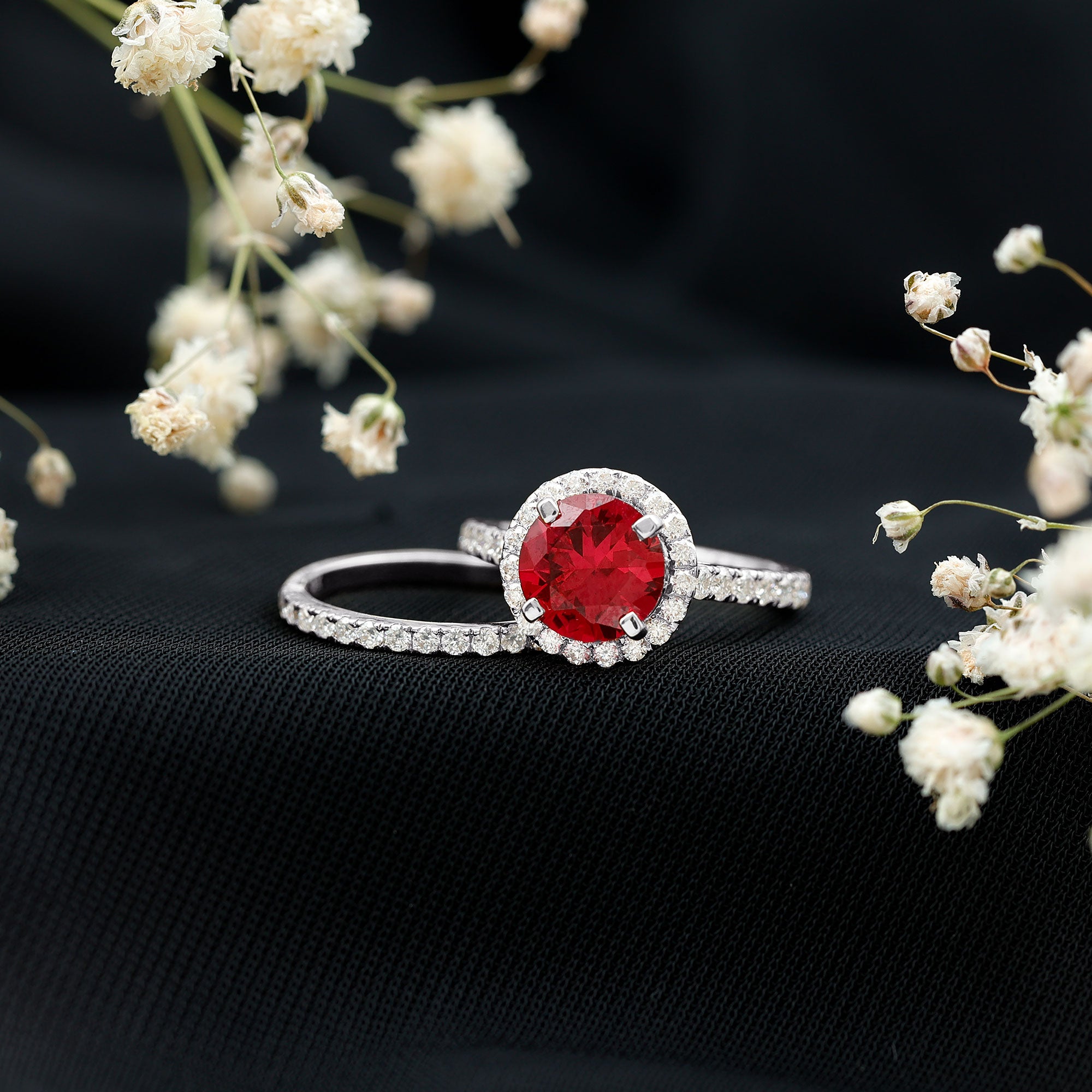 Lab Created Ruby Halo Wedding Ring Set with Moissanite AAAA - Rosec Jewels