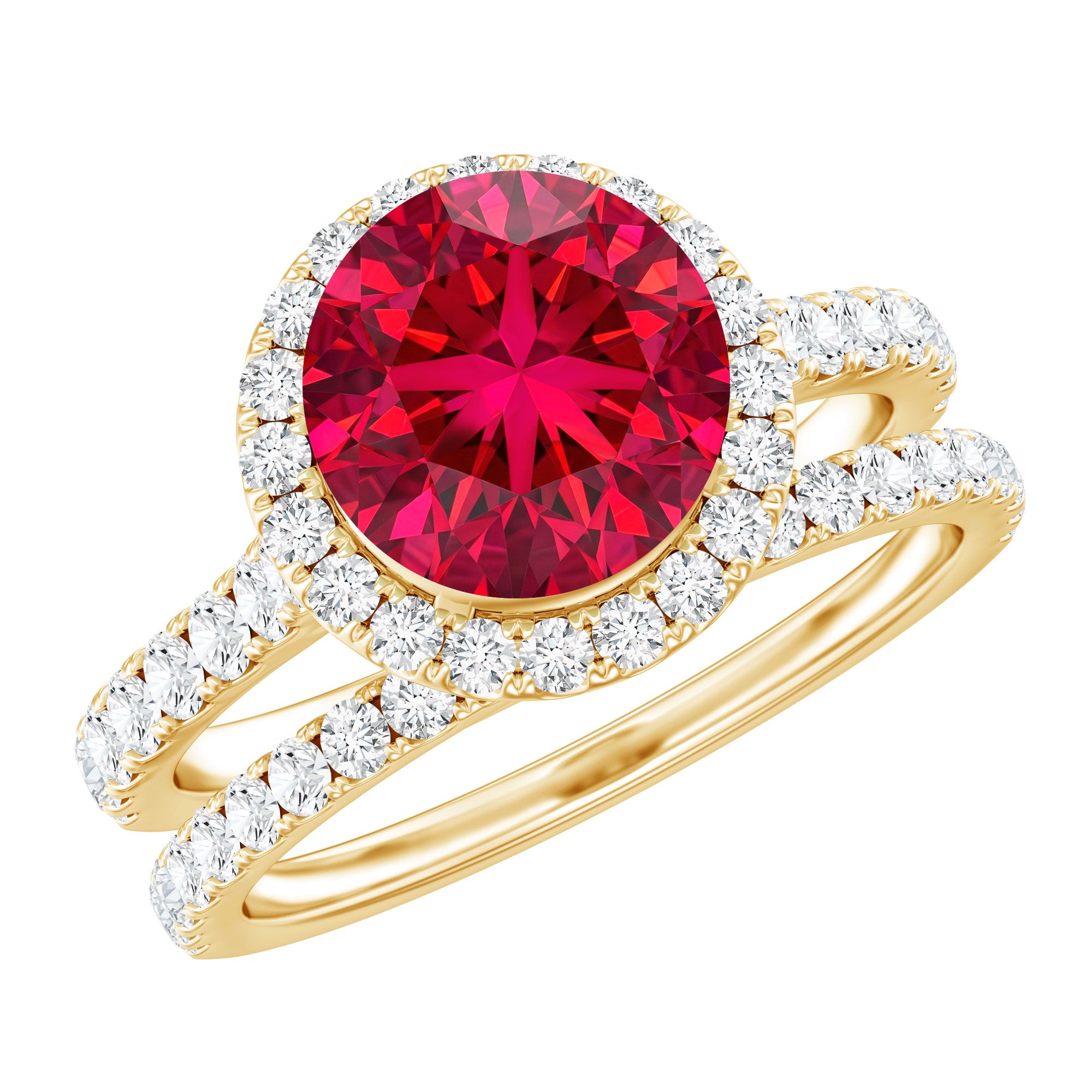 Lab Created Ruby Halo Wedding Ring Set with Moissanite AAAA - Rosec Jewels