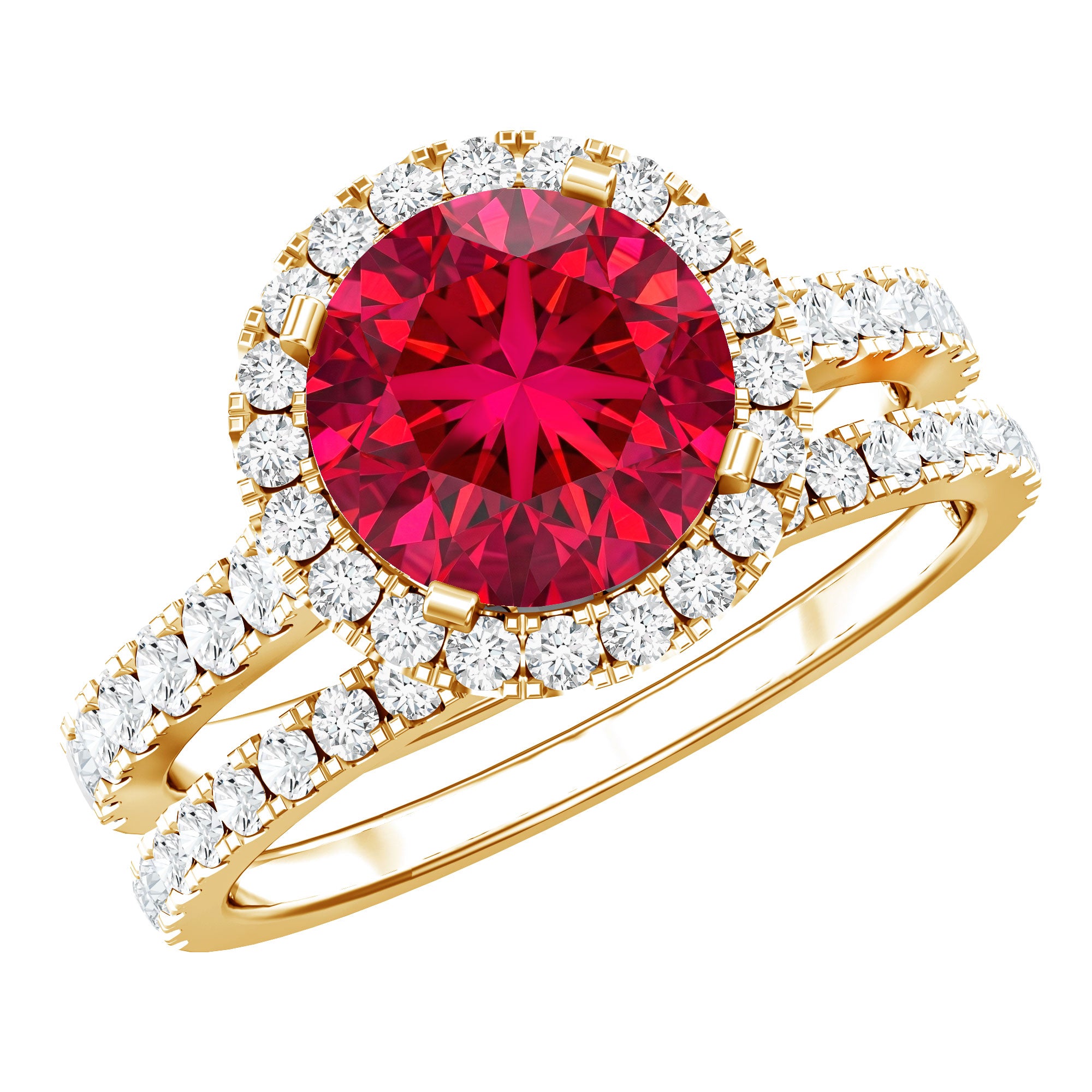 Lab Created Ruby Halo Wedding Ring Set with Moissanite AAAA - Rosec Jewels