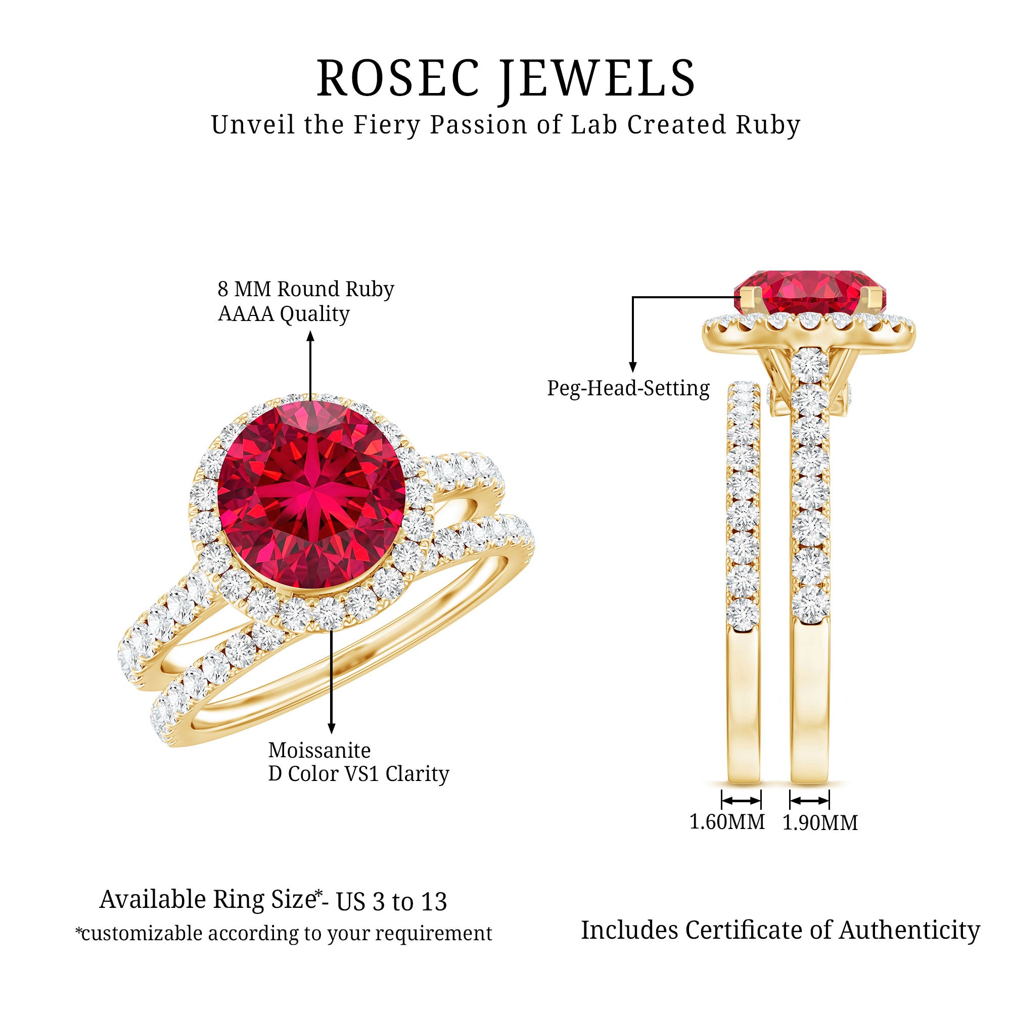 Lab Created Ruby Halo Wedding Ring Set with Moissanite AAAA - Rosec Jewels