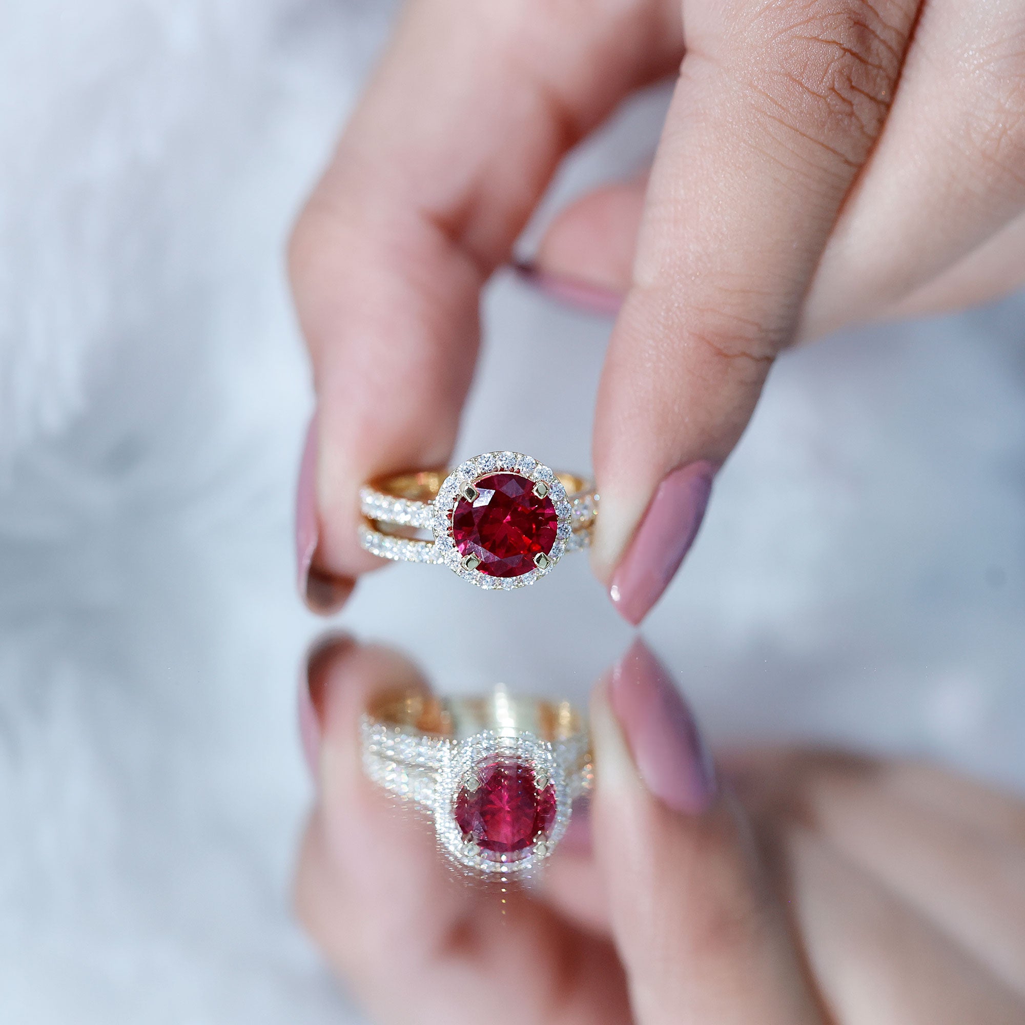 Lab Created Ruby Halo Wedding Ring Set with Moissanite AAAA - Rosec Jewels