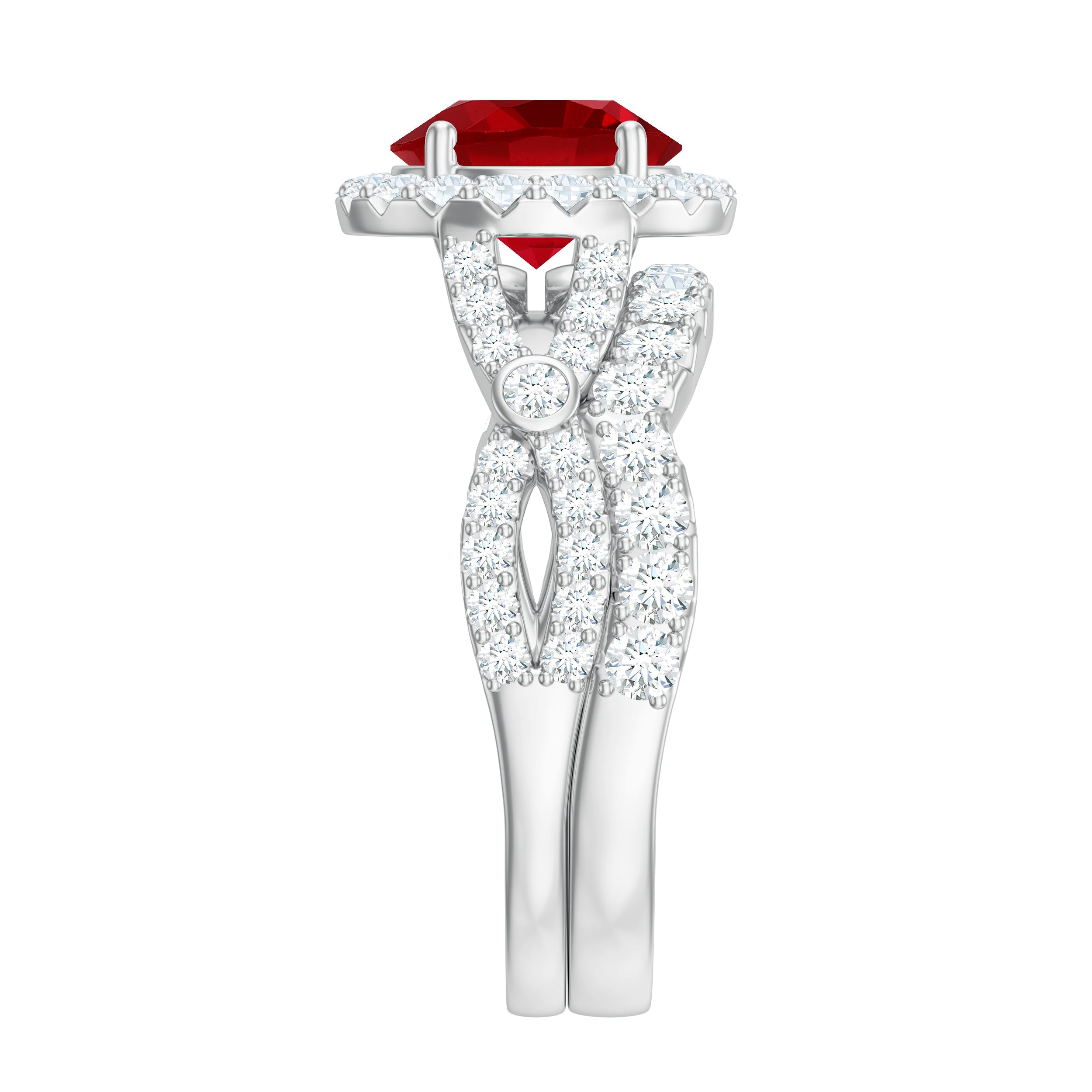 Round Cut Lab Created Ruby and Moissanite Bridal Ring Set AAAA - Rosec Jewels