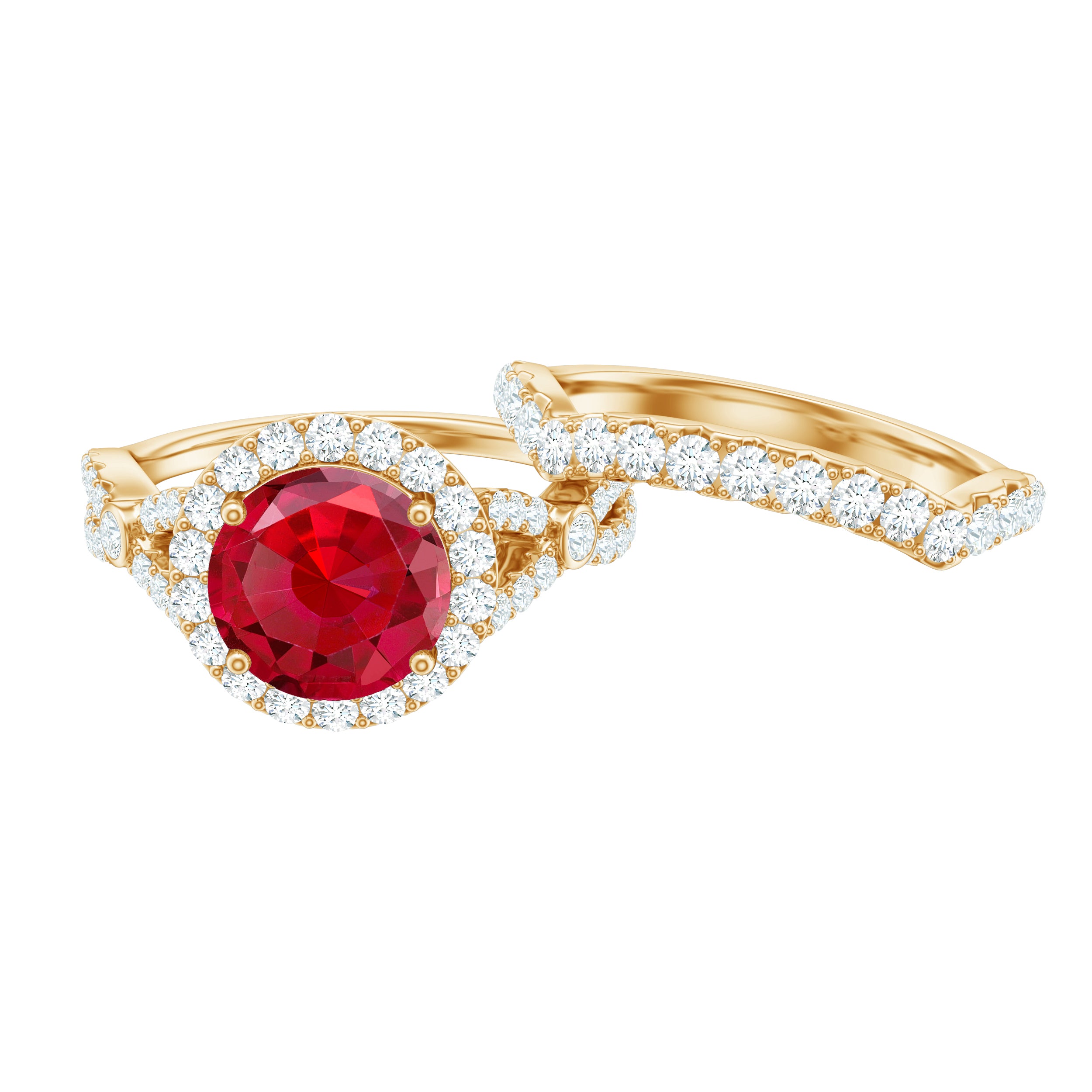 Round Cut Lab Created Ruby and Moissanite Bridal Ring Set AAAA - Rosec Jewels