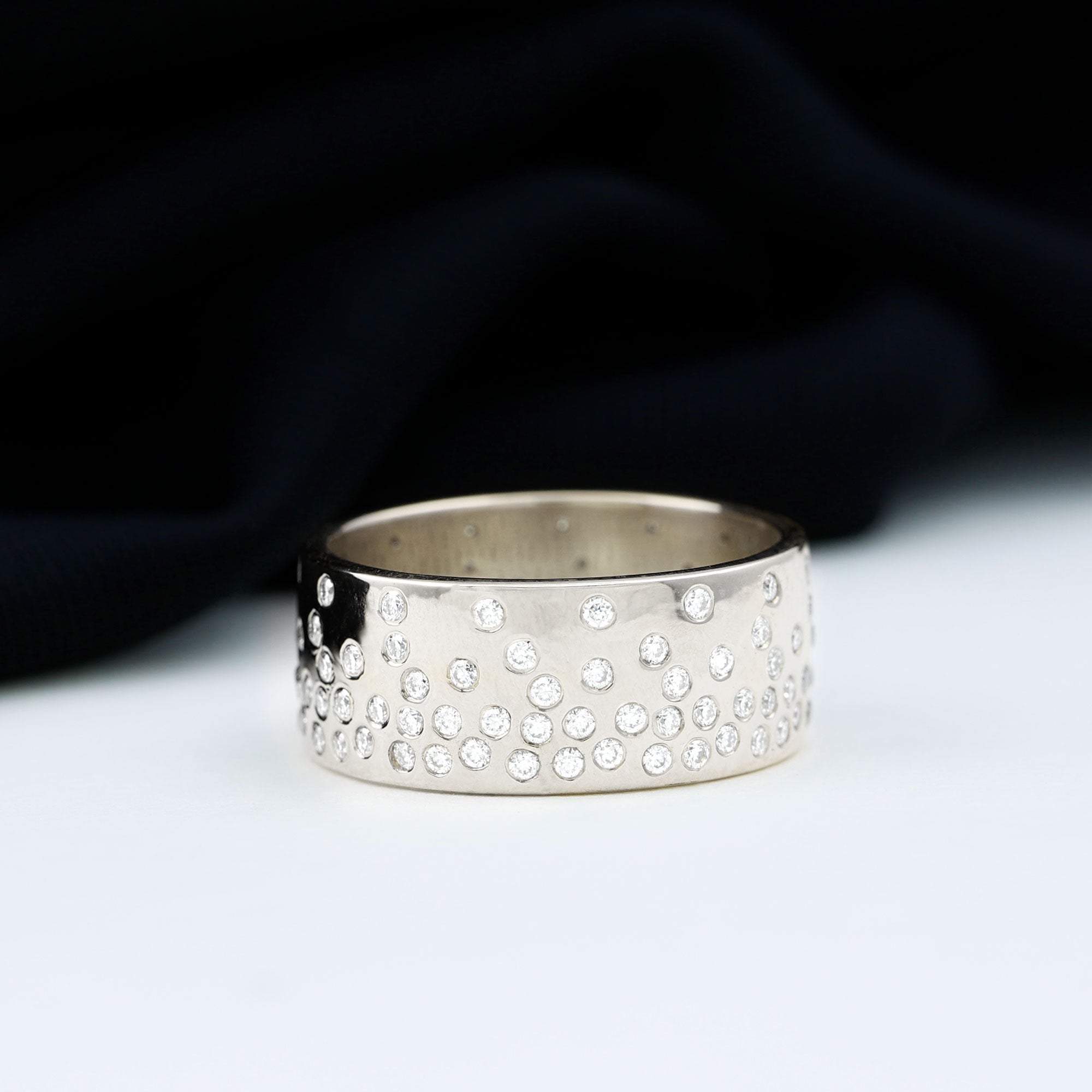Certified Moissanite Wide Wedding Band in Flush Setting D-VS1 - Rosec Jewels