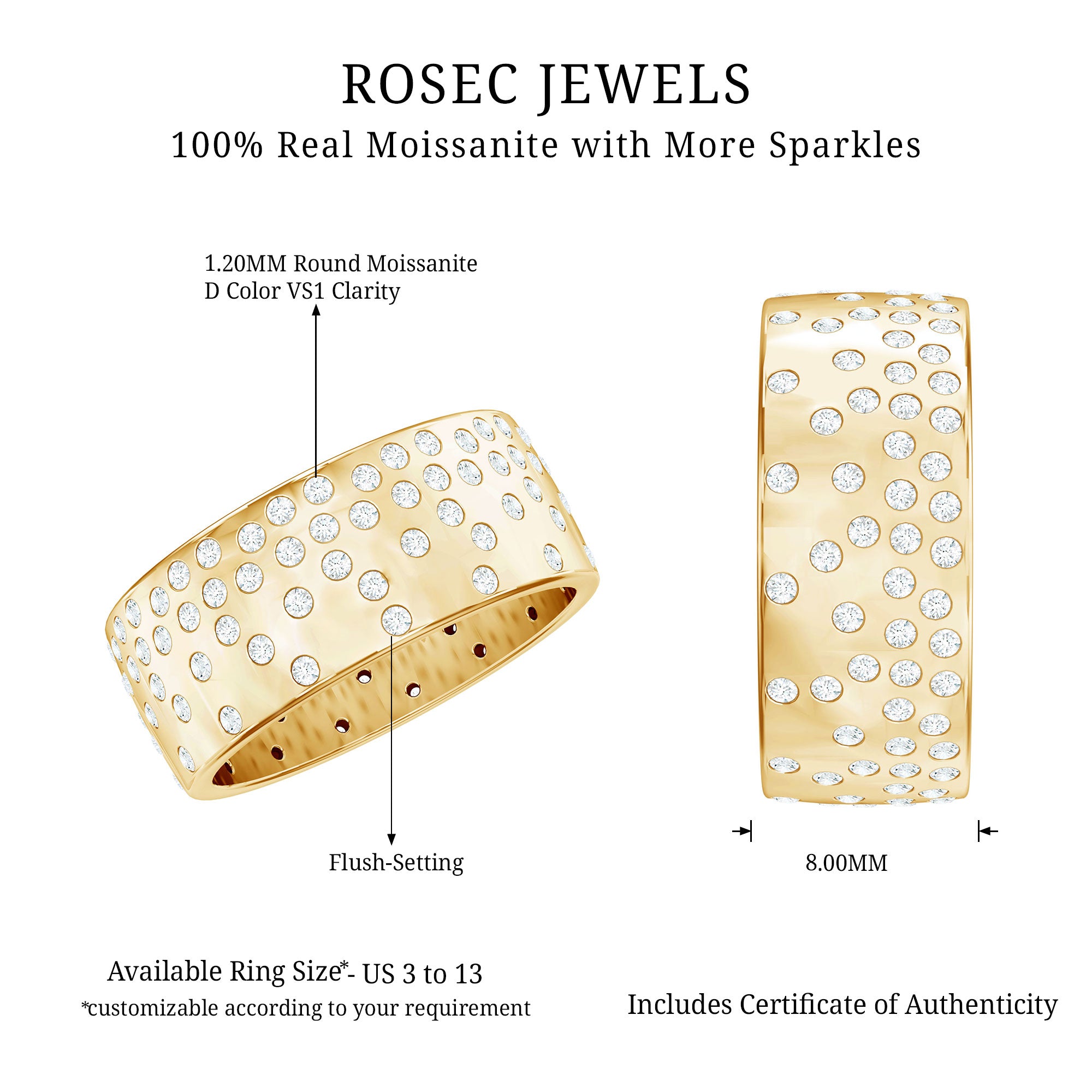 Certified Moissanite Wide Wedding Band in Flush Setting D-VS1 - Rosec Jewels