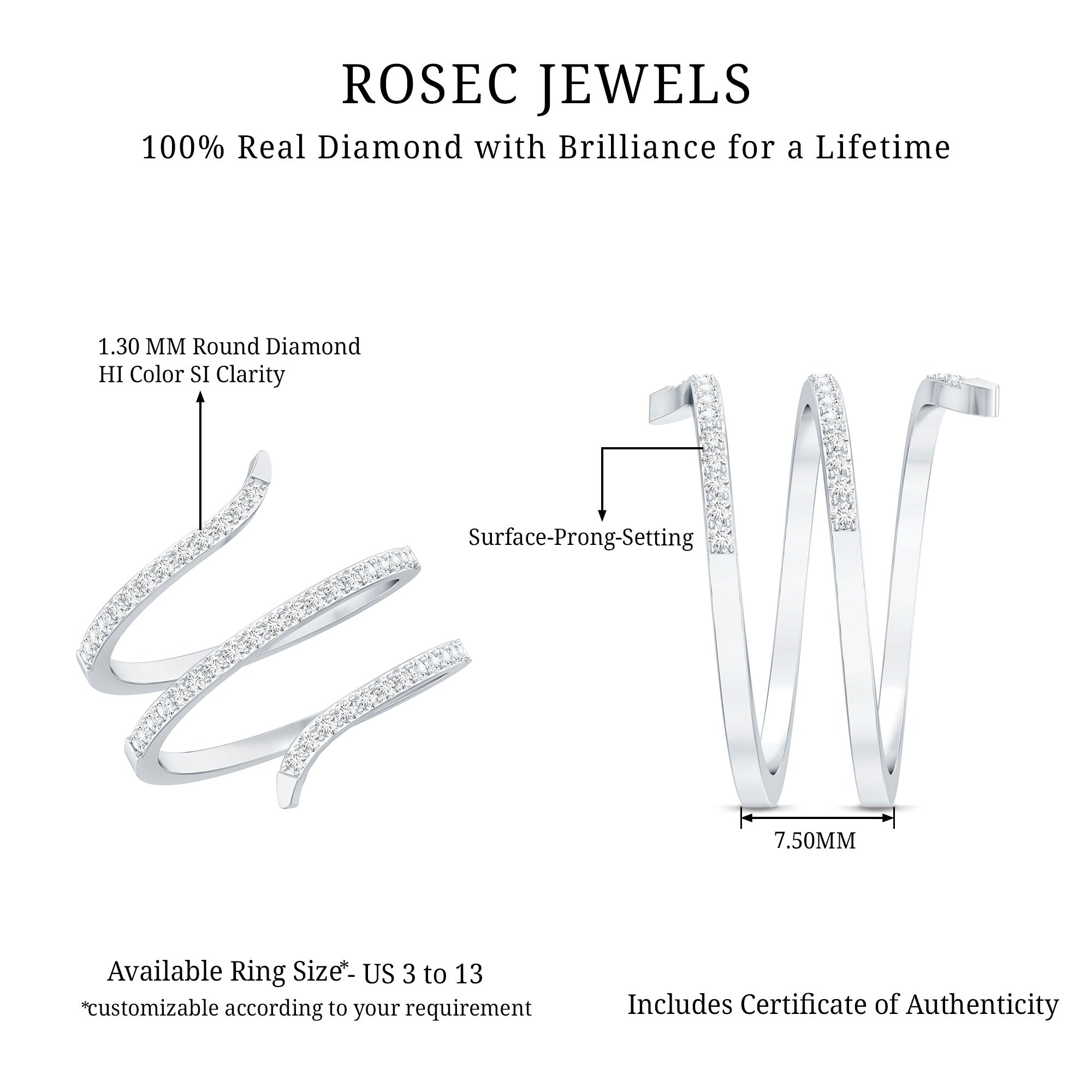 Certified Diamond Spiral Ring For Women Natural - ( HI-SI ) - Rosec Jewels