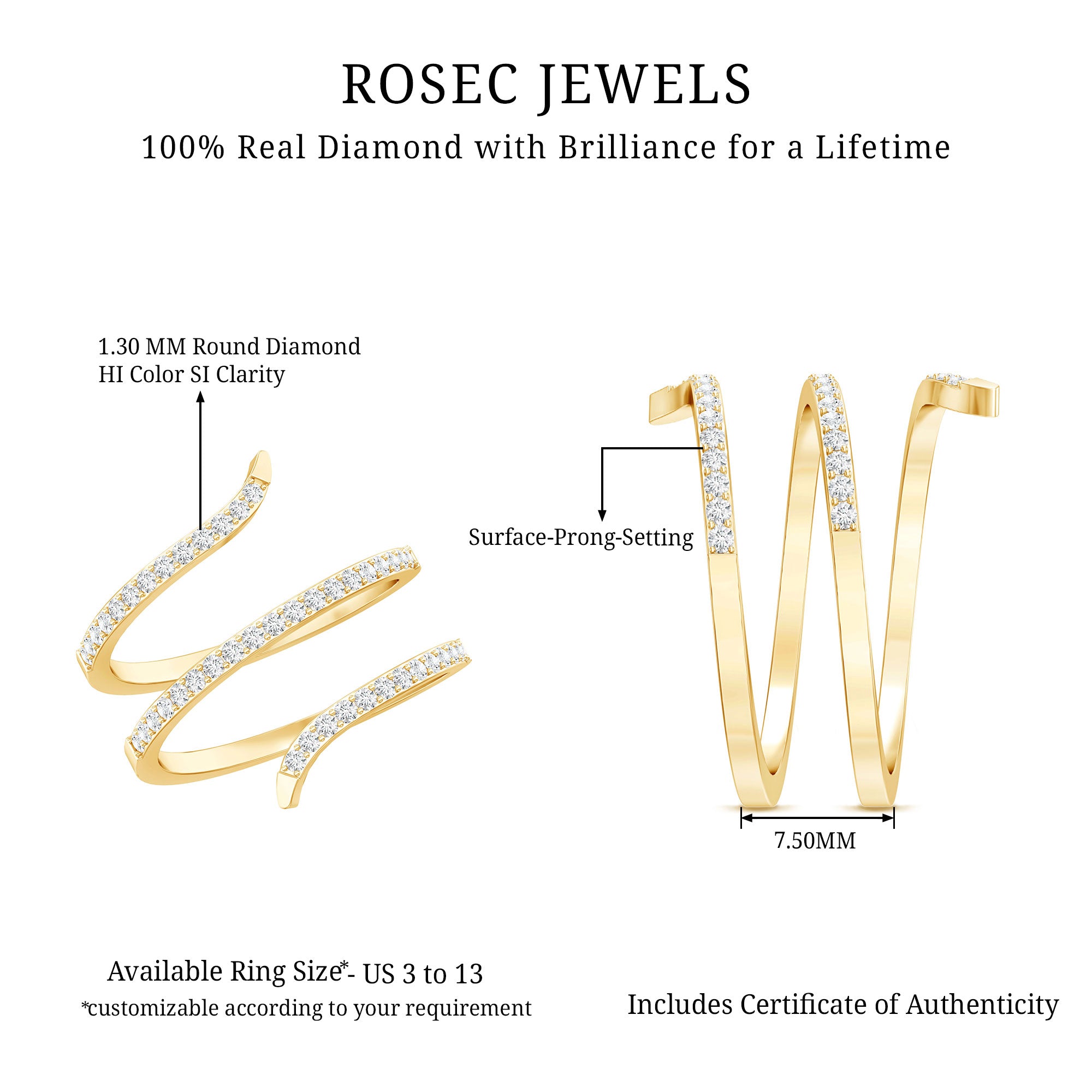 Certified Diamond Spiral Ring For Women Natural - ( HI-SI ) - Rosec Jewels