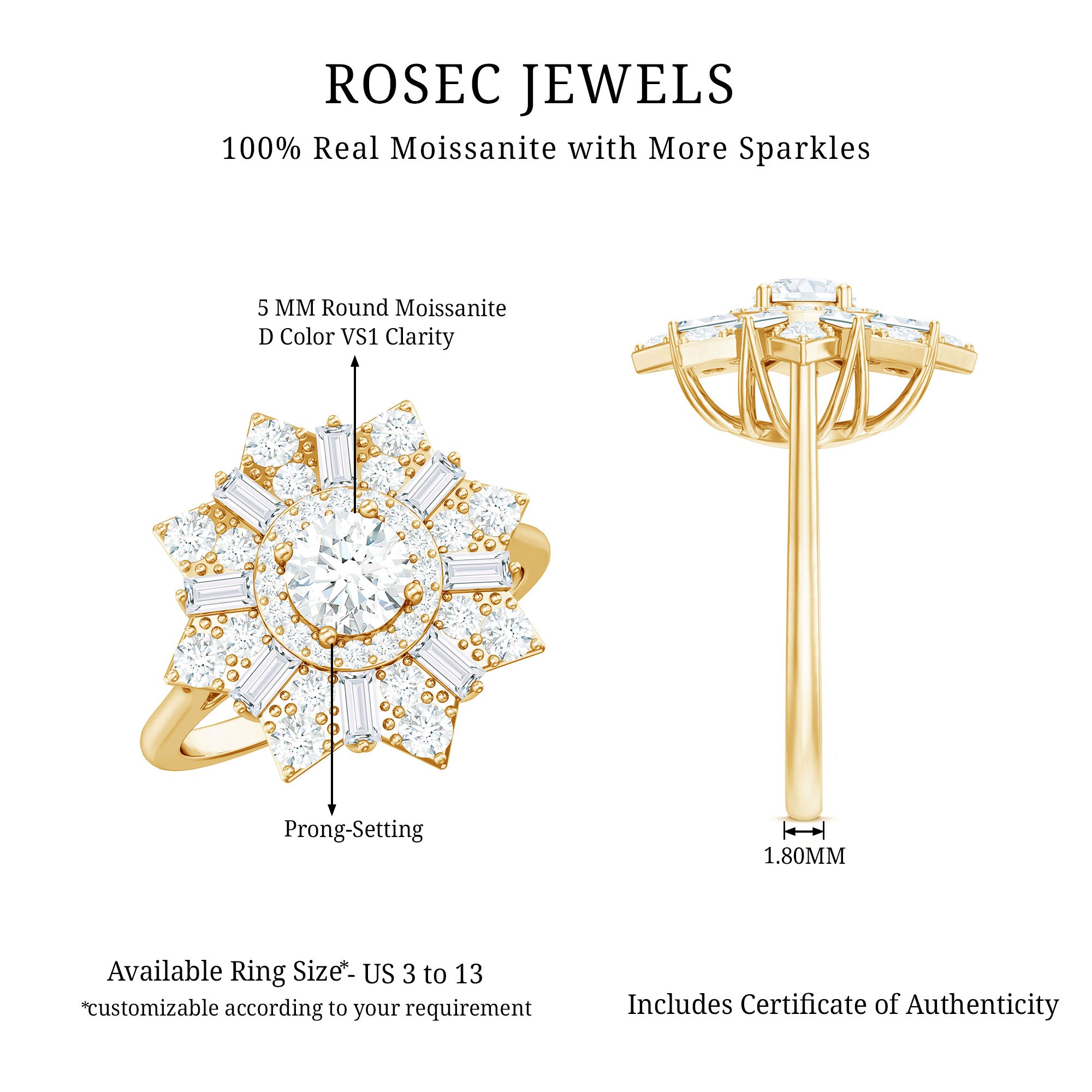 Certified Brilliant Cut Moissanite Cocktail Engagement Ring for Women D-VS1 - Rosec Jewels