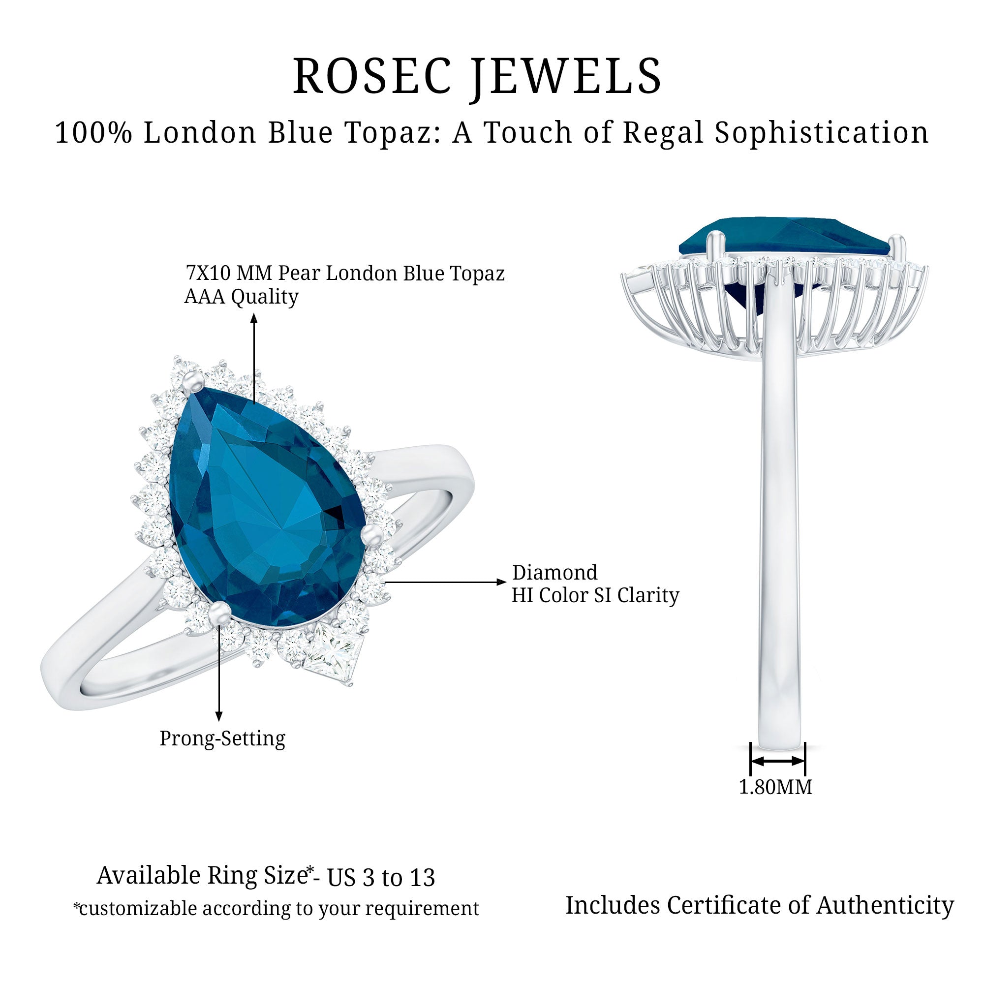Pear Shaped London Blue Topaz and Diamond Statement Engagement Ring AAA - Rosec Jewels