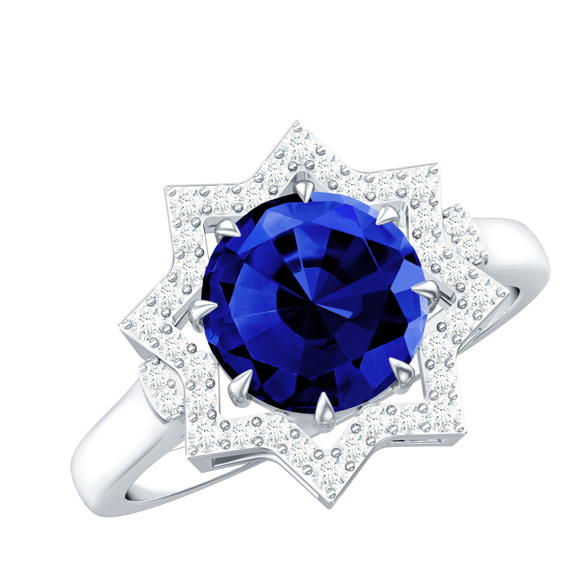 3.25 CT Created Blue Sapphire Star Shape Engagement Ring with Diamond
