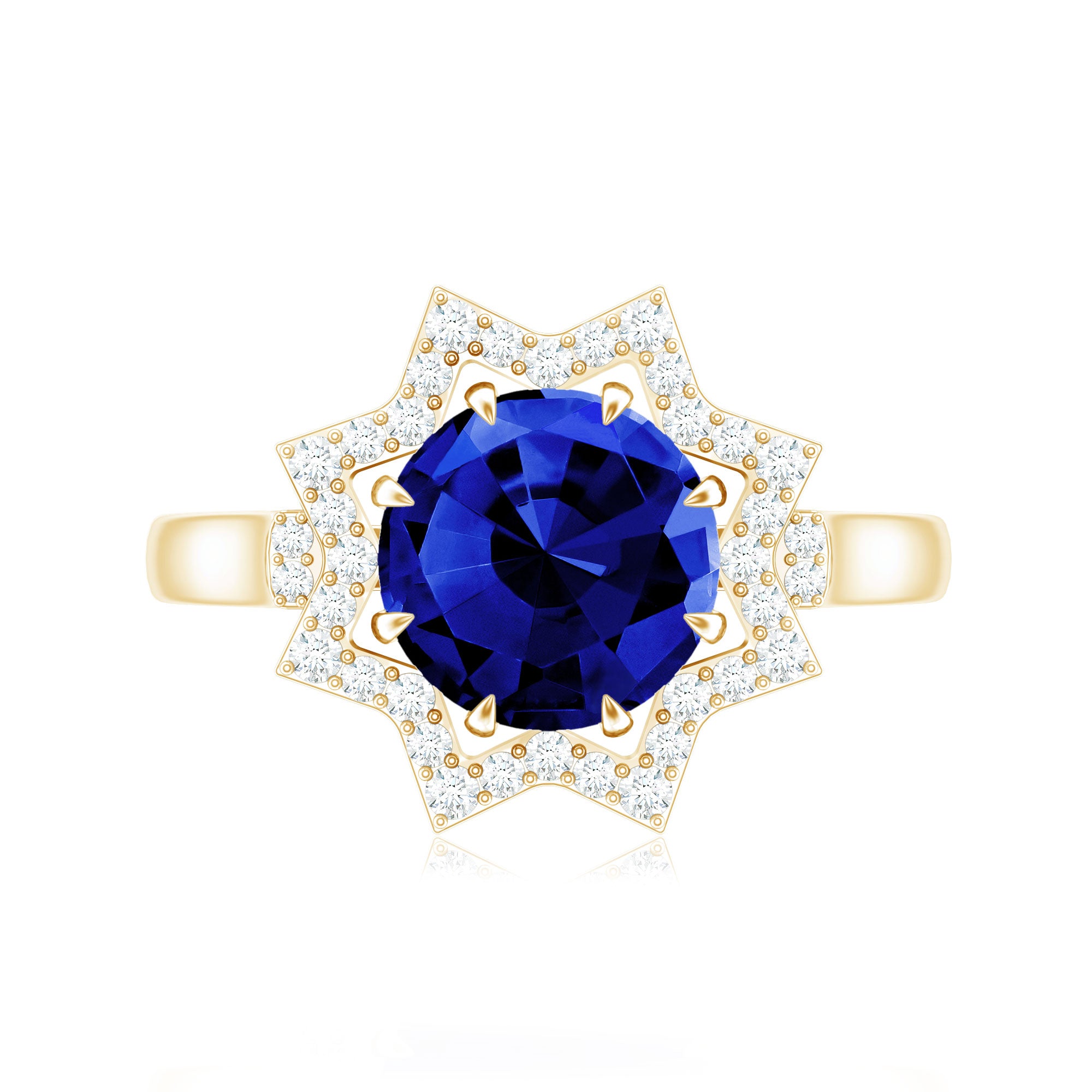 Certified 2.7 Carat Lab Grown Blue Sapphire Engagement Ring with Diamond Star Halo AAAA - Rosec Jewels