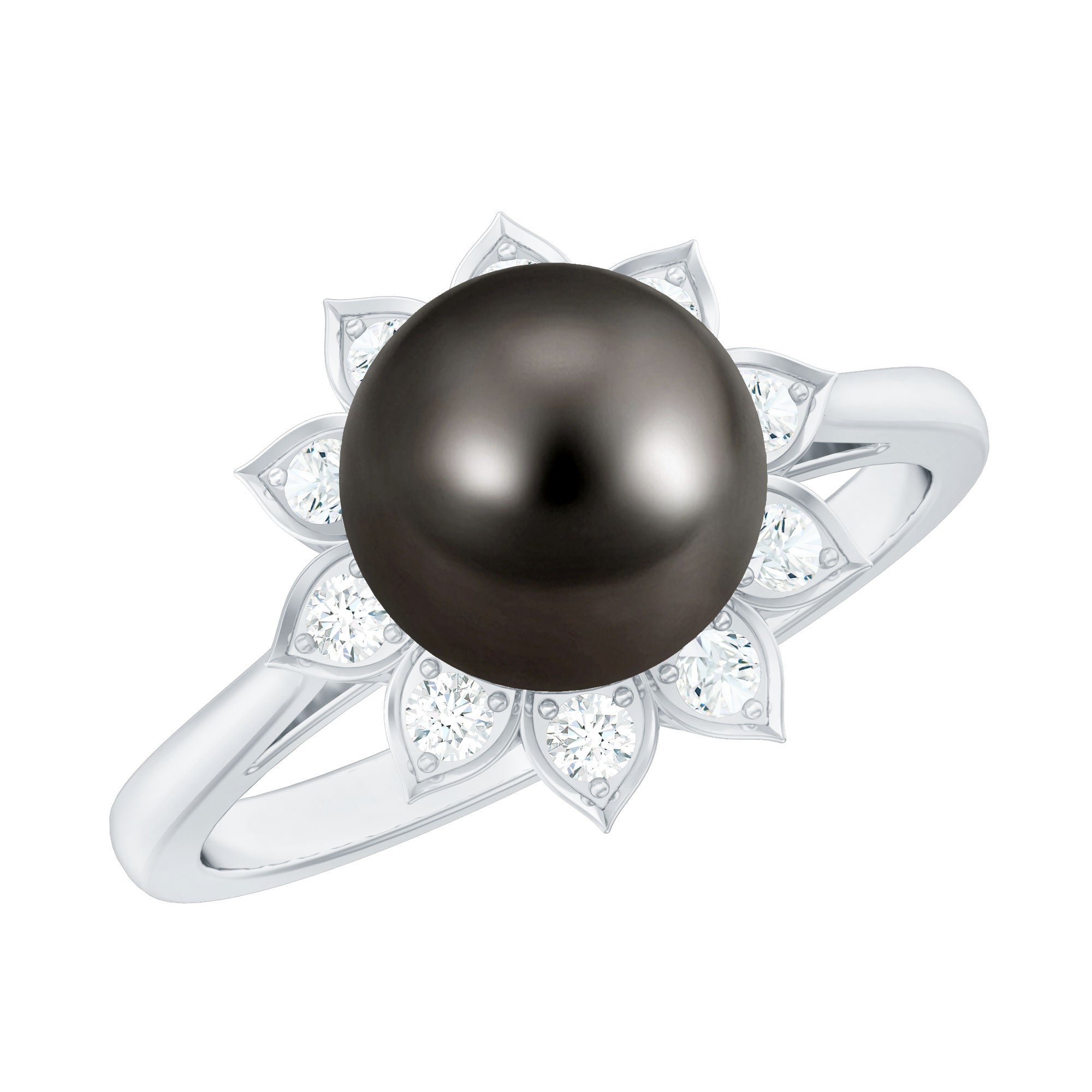 Tahitian Black Pearl Engagement Ring with Diamond Floral Halo