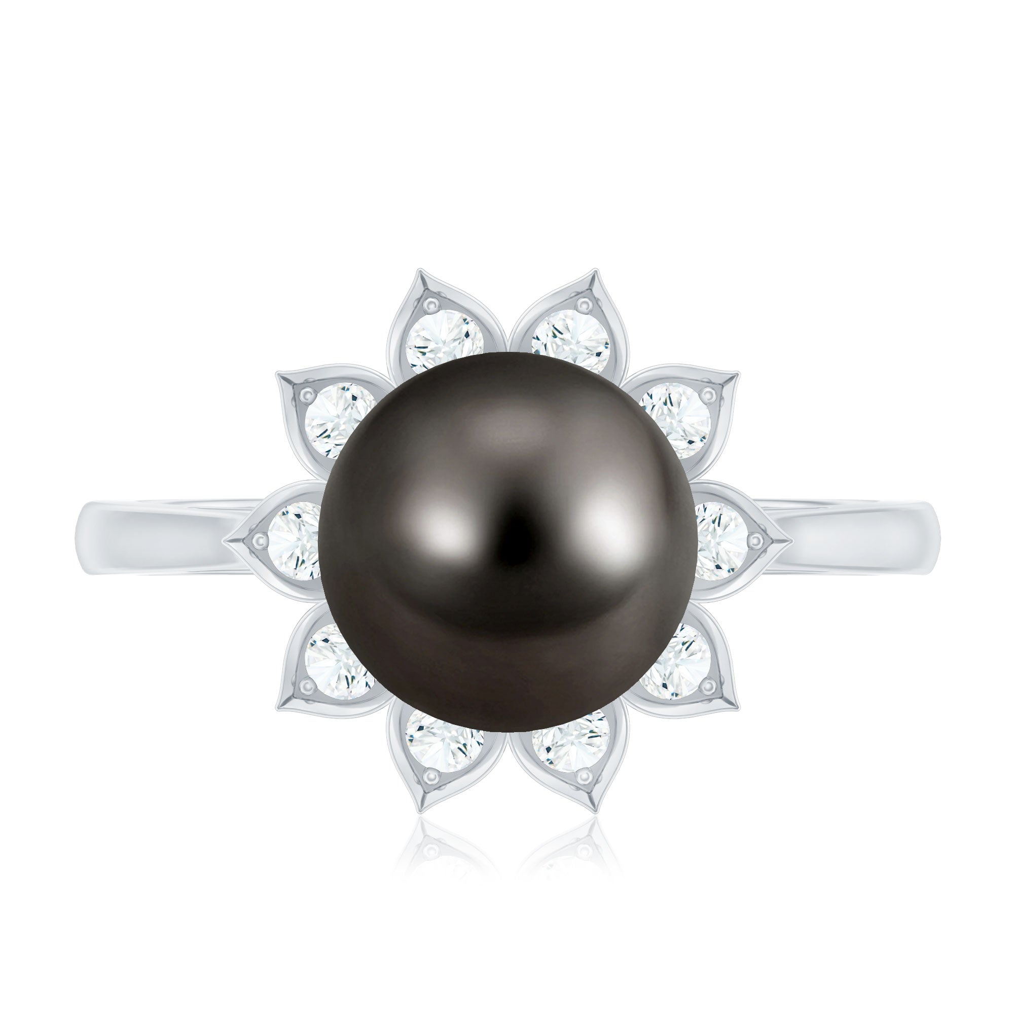 Rosec Jewels-Tahitian Black Pearl Engagement Ring with Diamond Floral Halo