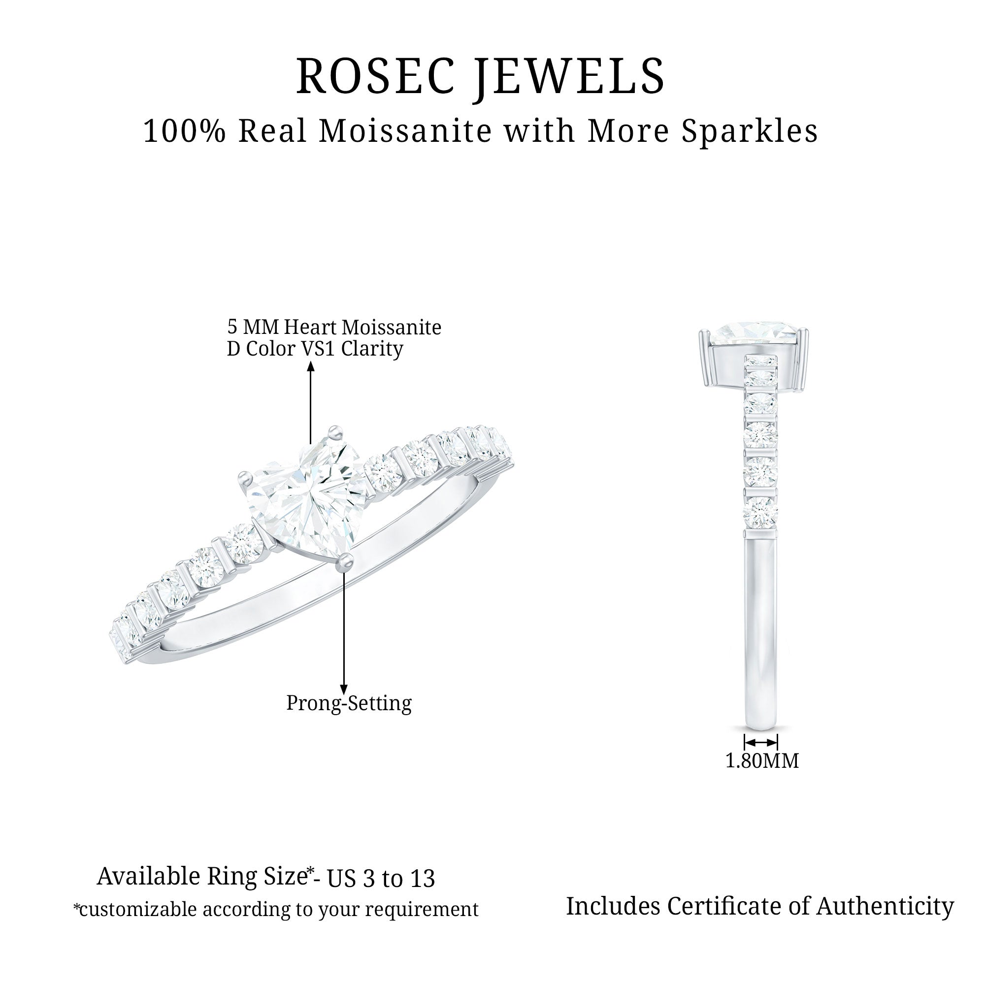 Certified 5 MM Moissanite Heart Engagement Ring with Side Stones D-VS1 - Rosec Jewels