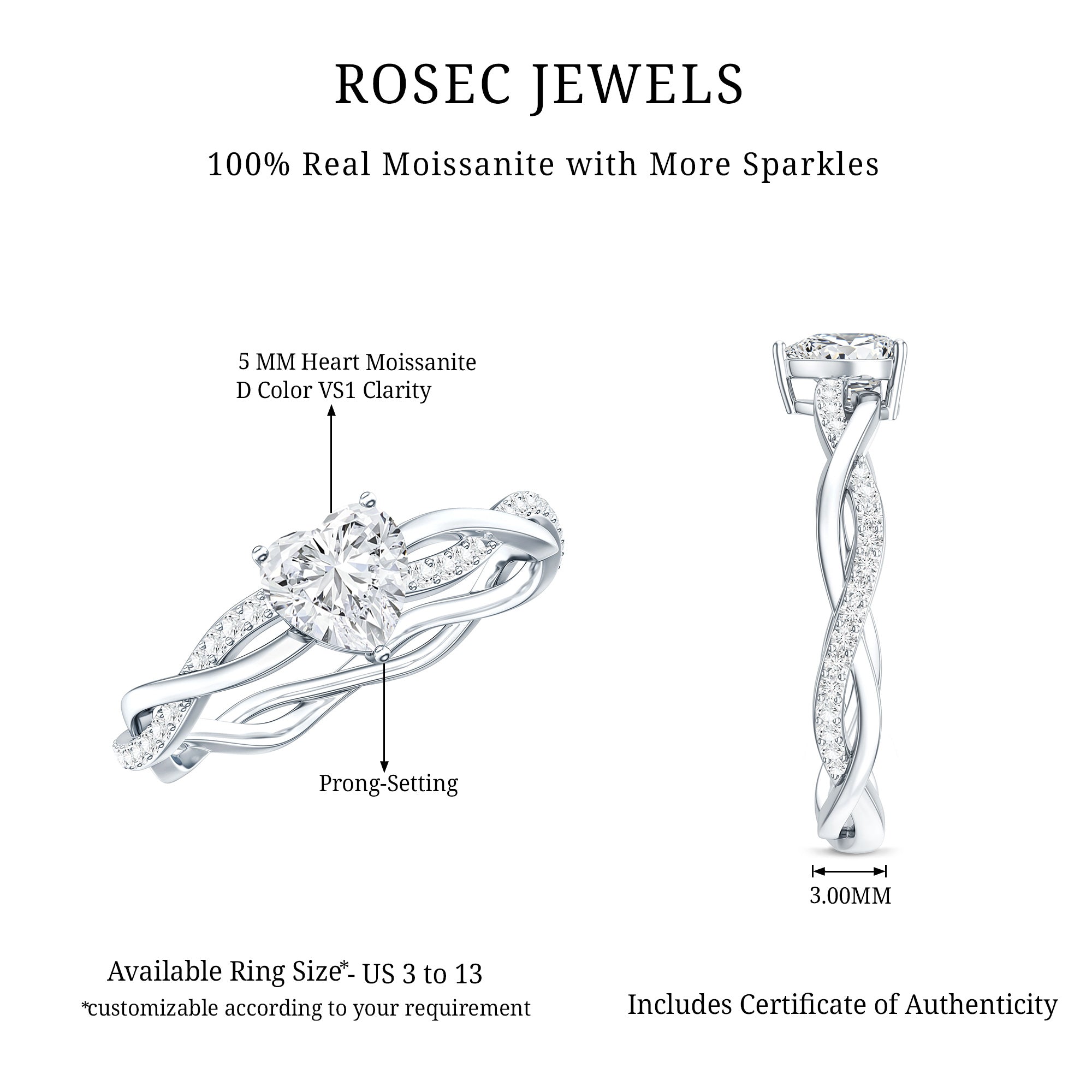 Heart Shape Moissanite Solitaire Promise Ring D-VS1 - Rosec Jewels