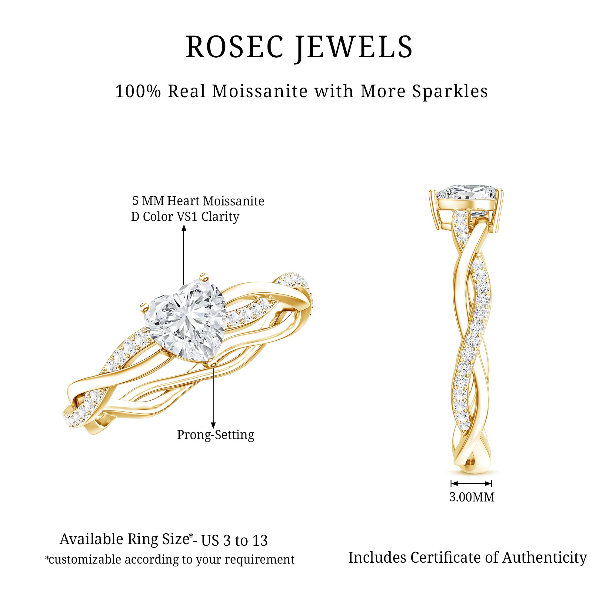 Heart Shape Moissanite Solitaire Promise Ring D-VS1 - Rosec Jewels