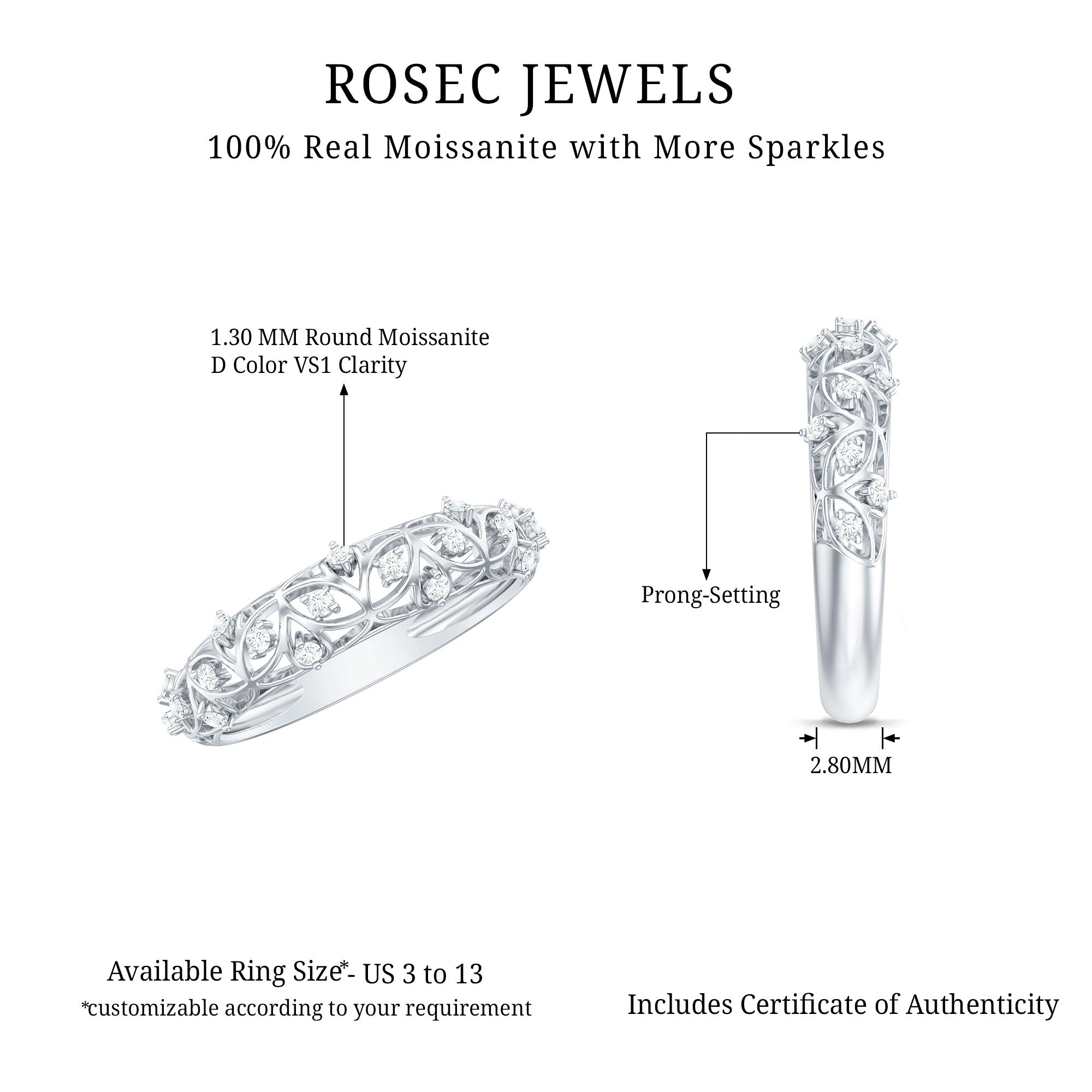 Womens Moissanite Filigree Eternity Band Ring D-VS1 - Rosec Jewels