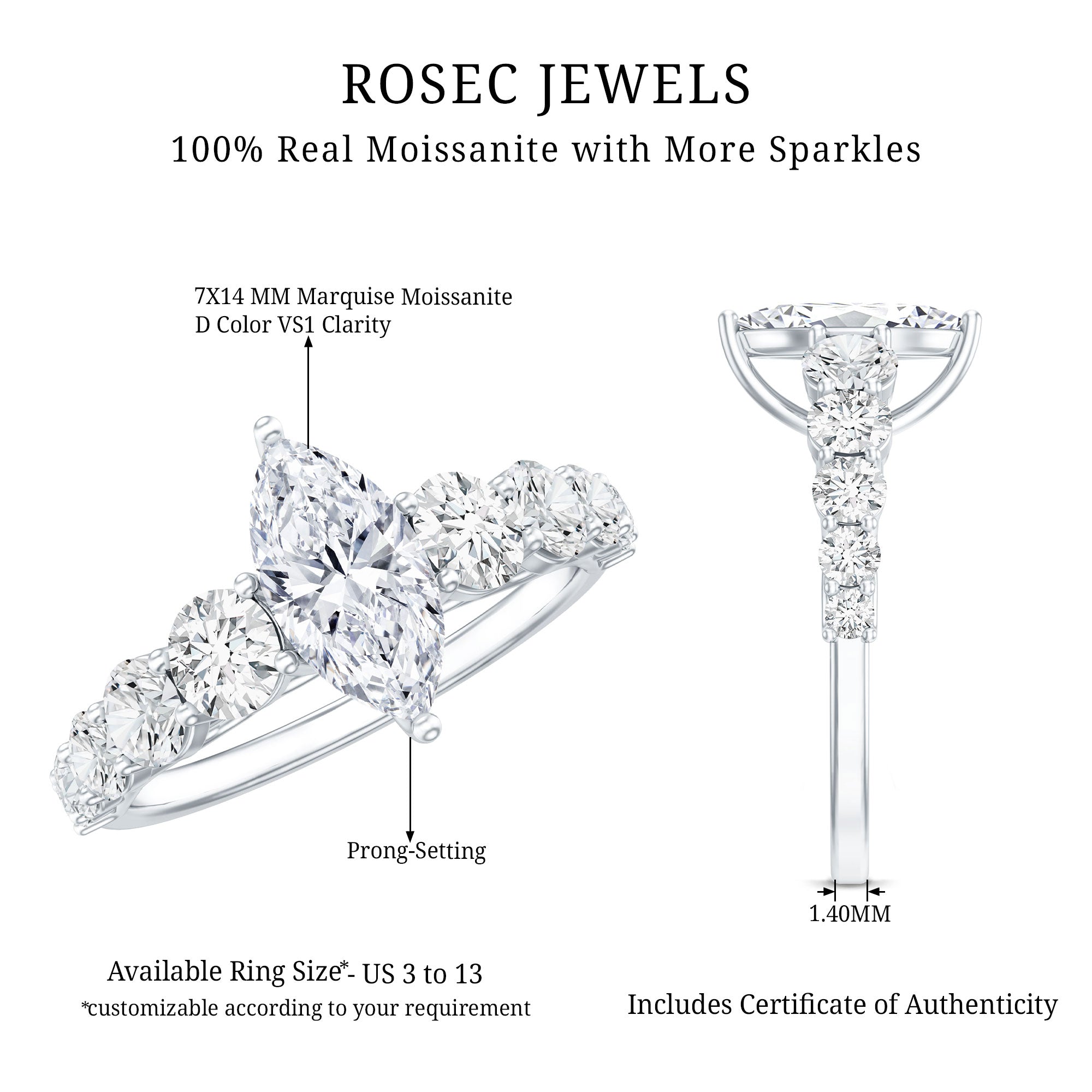 Rosec Jewels-Marquise Cut Moissanite Engagement Ring with Side Stones