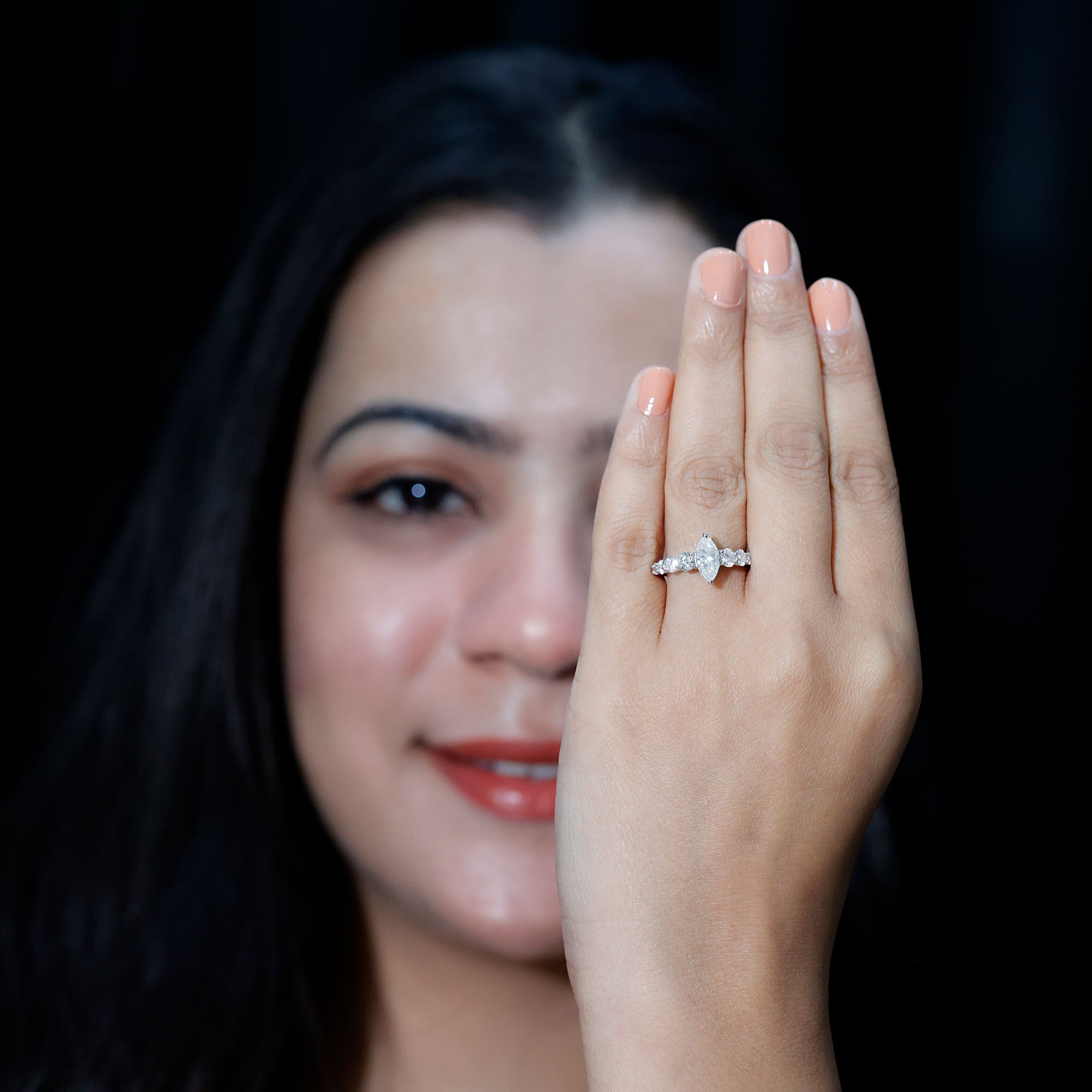 Rosec Jewels-Marquise Cut Moissanite Engagement Ring with Side Stones