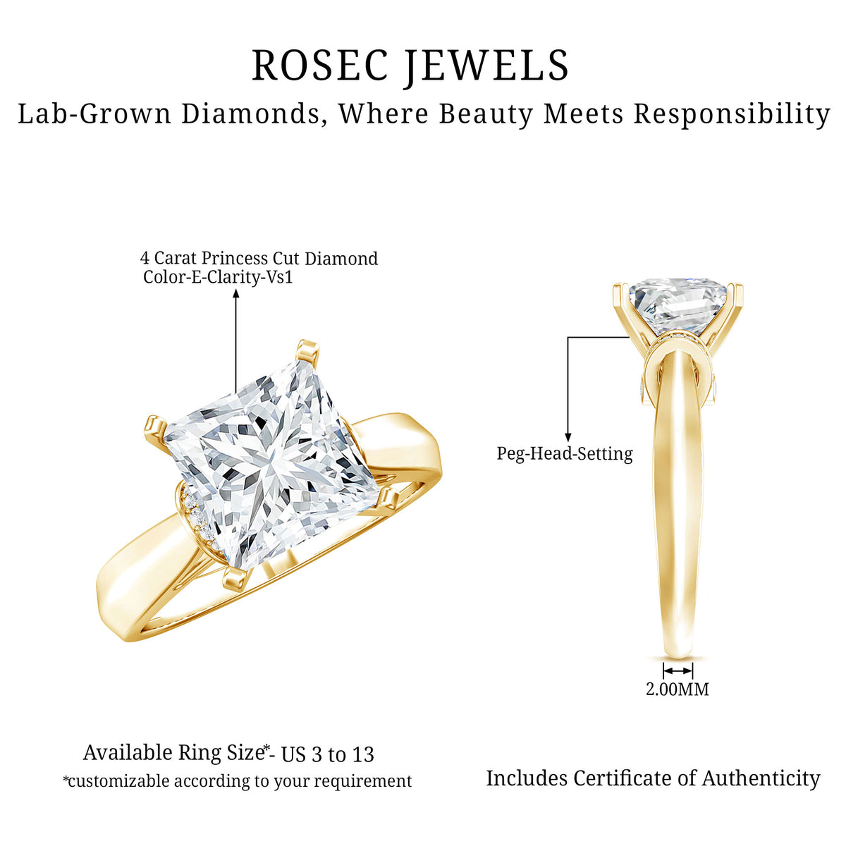 Rosec Jewels-4 Carat Princess Cut Lab Grown Diamond Solitaire Engagement Ring IGI Certified