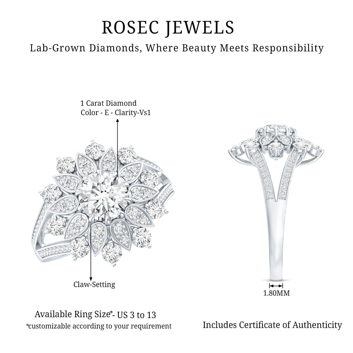 IGI Documented 1 Carat Lab Grown Diamond Statement Ring for Women Lab - ( E-VS1 ) - Rosec Jewels