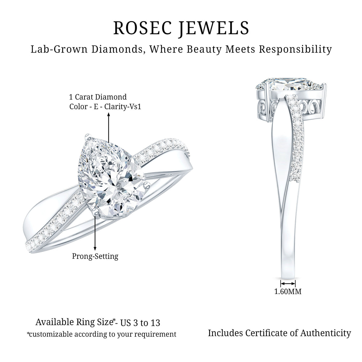 1 Carat Lab Grown Diamond Teardrop Engagement Ring with IGI Certificate Lab - ( E-VS1 ) - Rosec Jewels