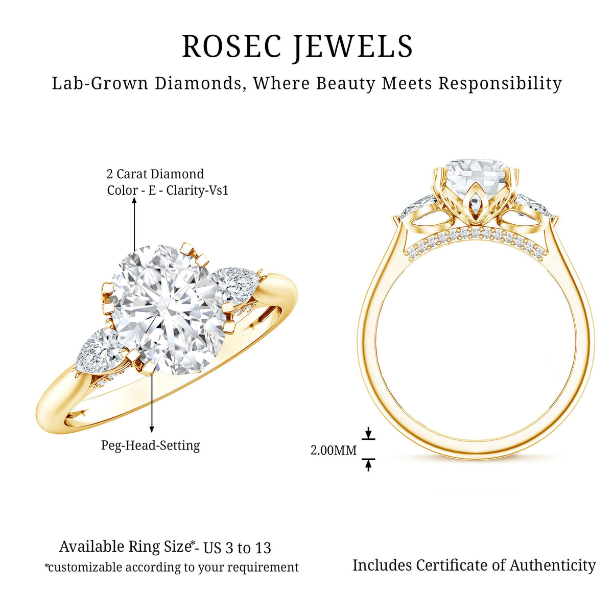 2 Carat Oval Lab Grown Diamond Journey Ring with IGI Certificate Lab - ( E-VS1 ) - Rosec Jewels