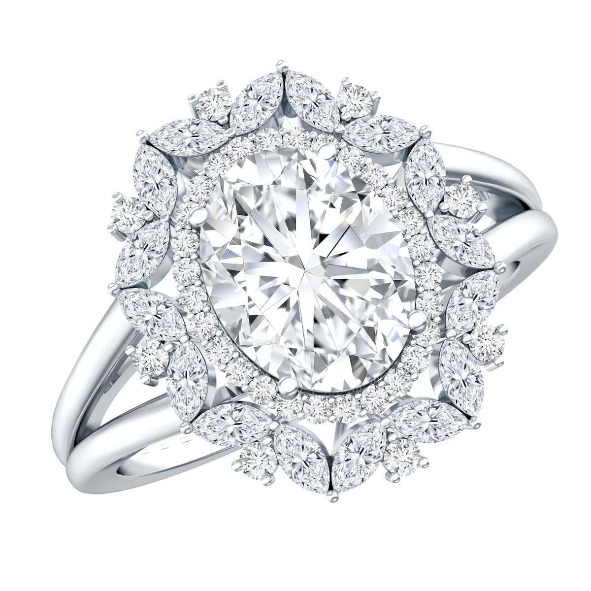 IGI Verified 2 Carat Oval Lab Grown Diamond Statement Engagement Ring with Double Halo Lab - ( E-VS1 ) - Rosec Jewels