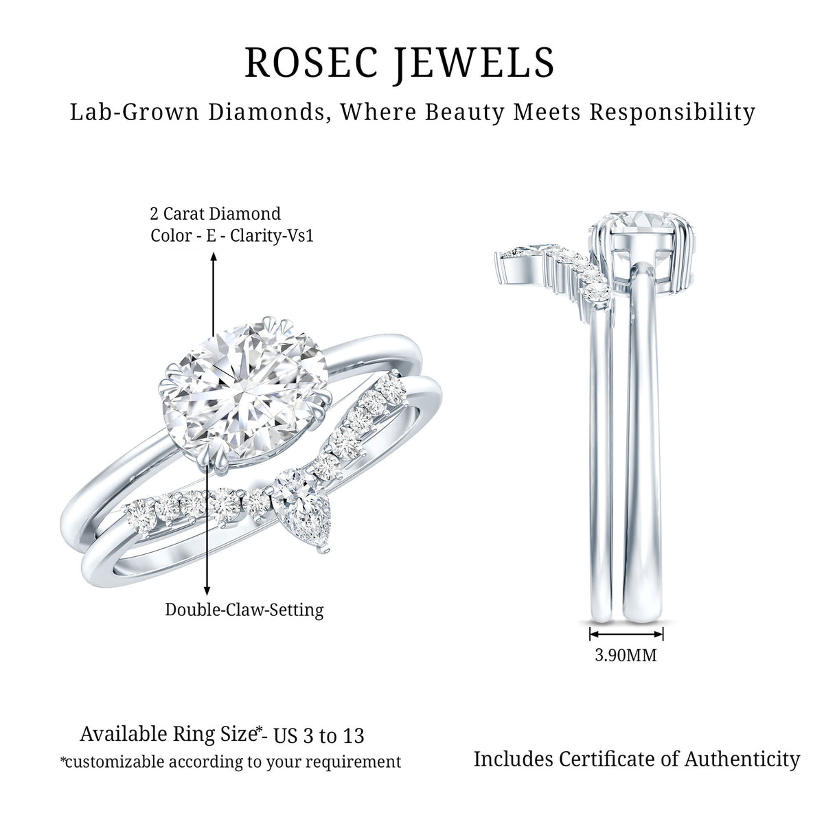 2 Carat IGI Authenticated Lab Grown Diamond Oval Wedding Ring Set Lab - ( E-VS1 ) - Rosec Jewels