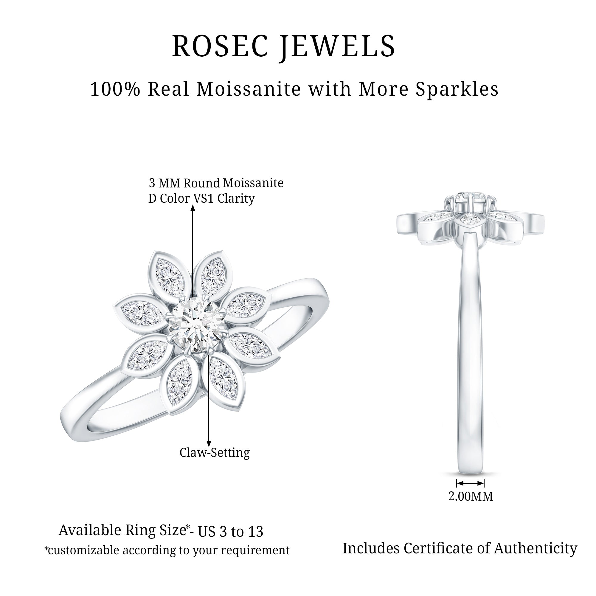 Certified Moissanite Flower Engagement Ring For Her D-VS1 - Rosec Jewels
