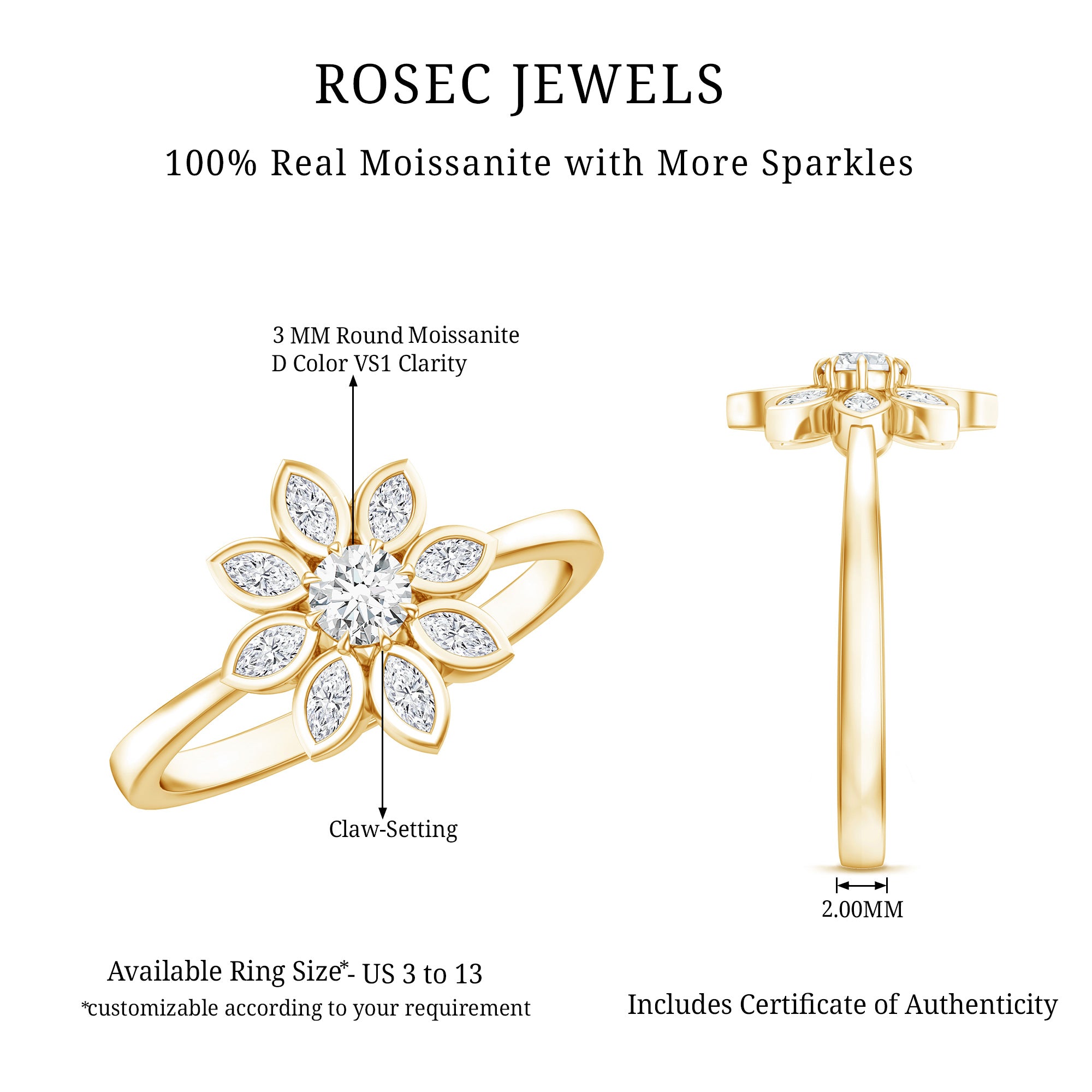 Certified Moissanite Flower Engagement Ring For Her D-VS1 - Rosec Jewels