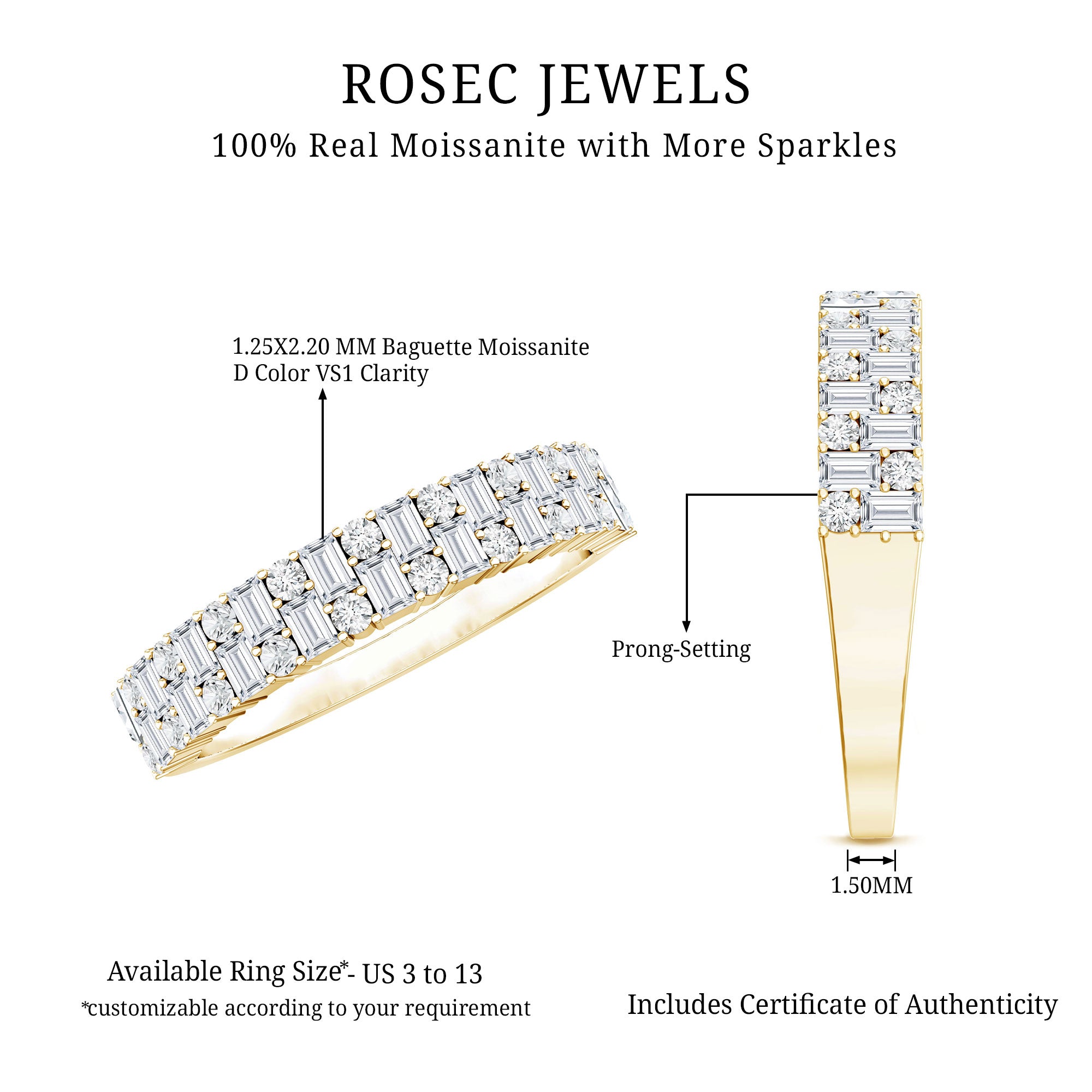 Baguette and Round Certified Moissanite Half Eternity Band Ring D-VS1 - Rosec Jewels