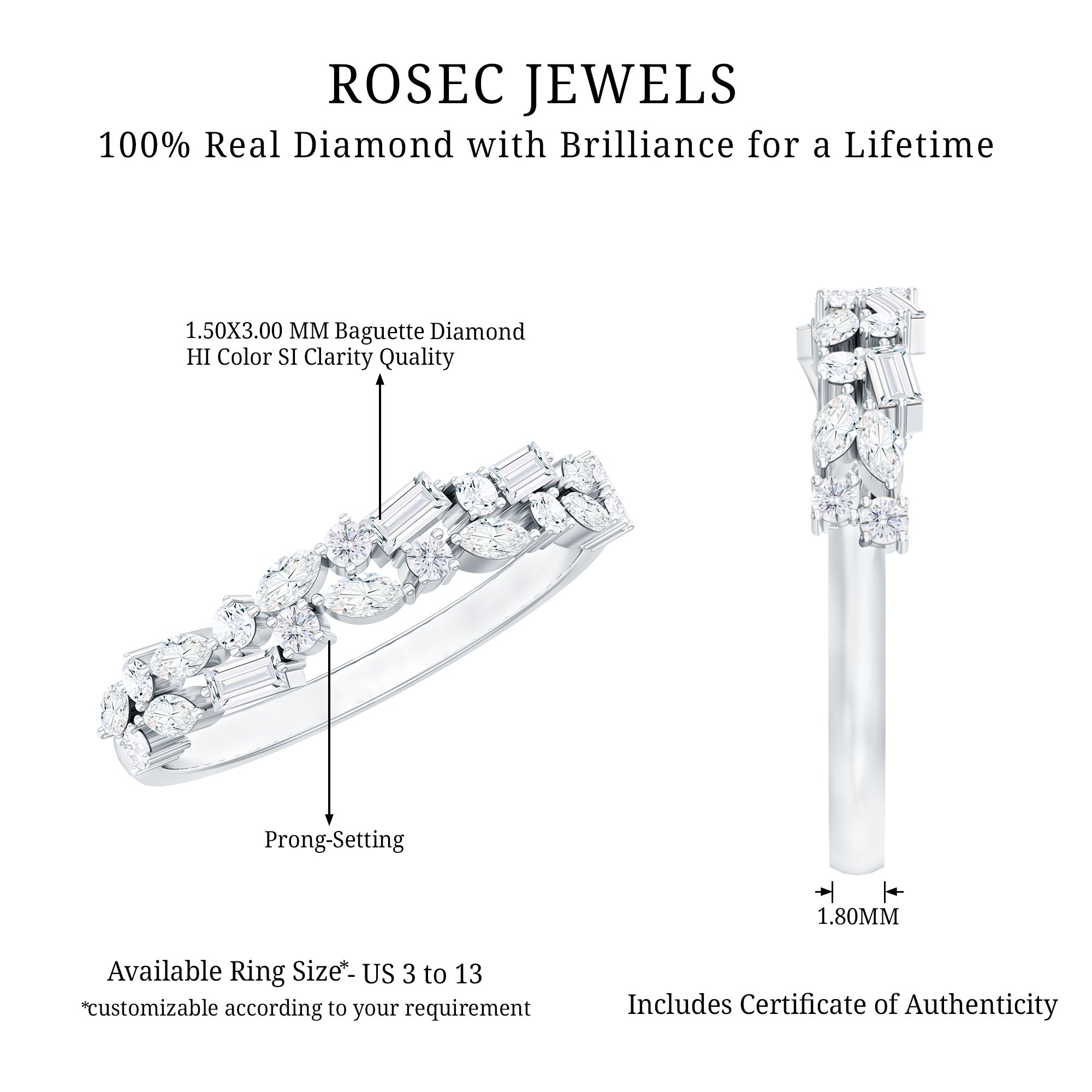 Real Diamond Half Eternity Band Ring Natural - ( HI-SI ) - Rosec Jewels