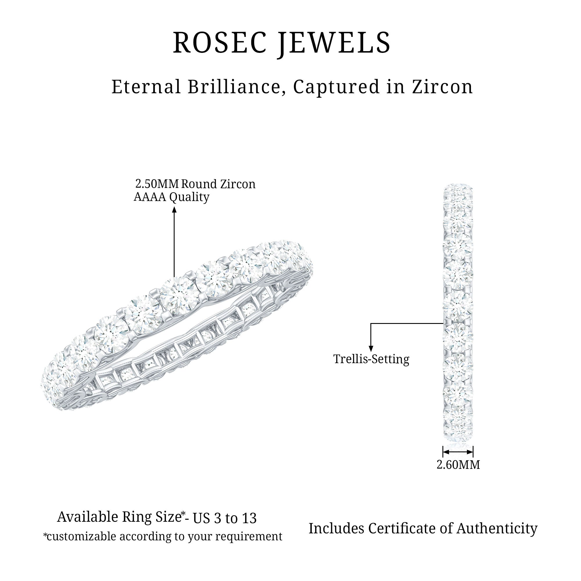Certified Trellis Set Cubic Zirconia Eternity Wedding Band Ring AAAA - Rosec Jewels