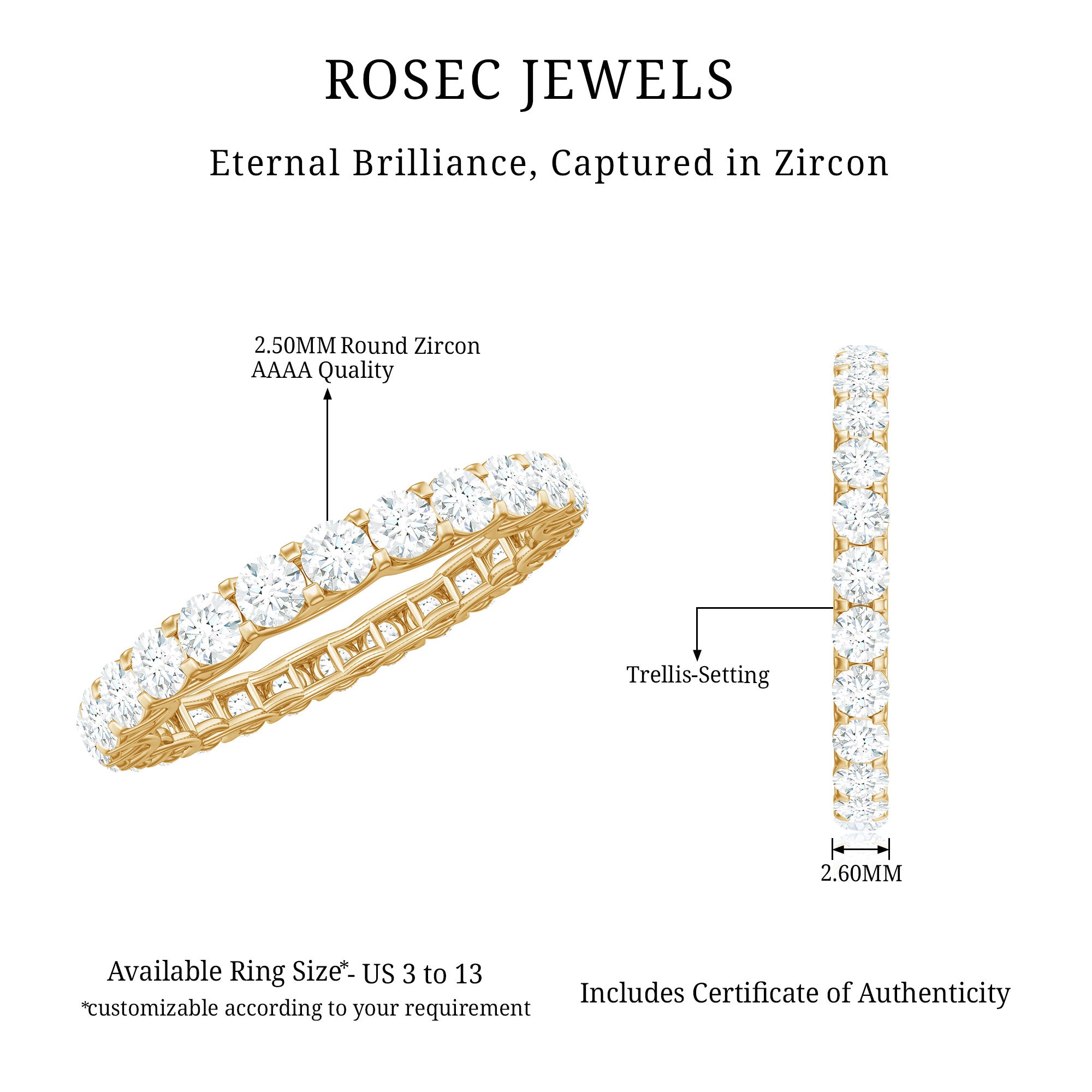 Certified Trellis Set Cubic Zirconia Eternity Wedding Band Ring AAAA - Rosec Jewels