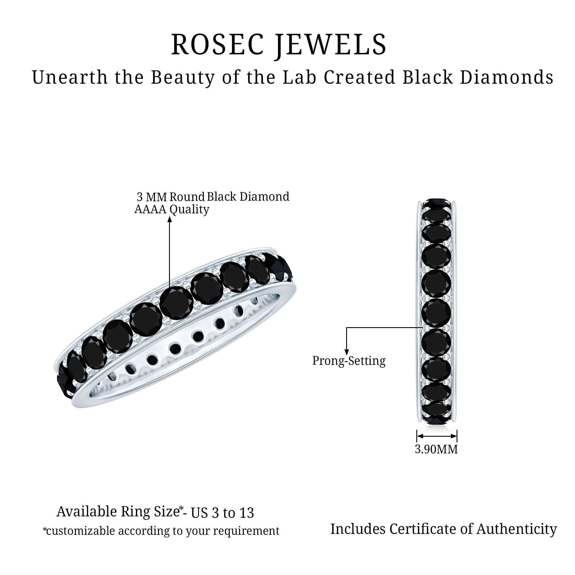 Certified Lab Grown Black Diamond Full Eternity Band Ring for Women AAAA ( Synthetic ) - Rosec Jewels