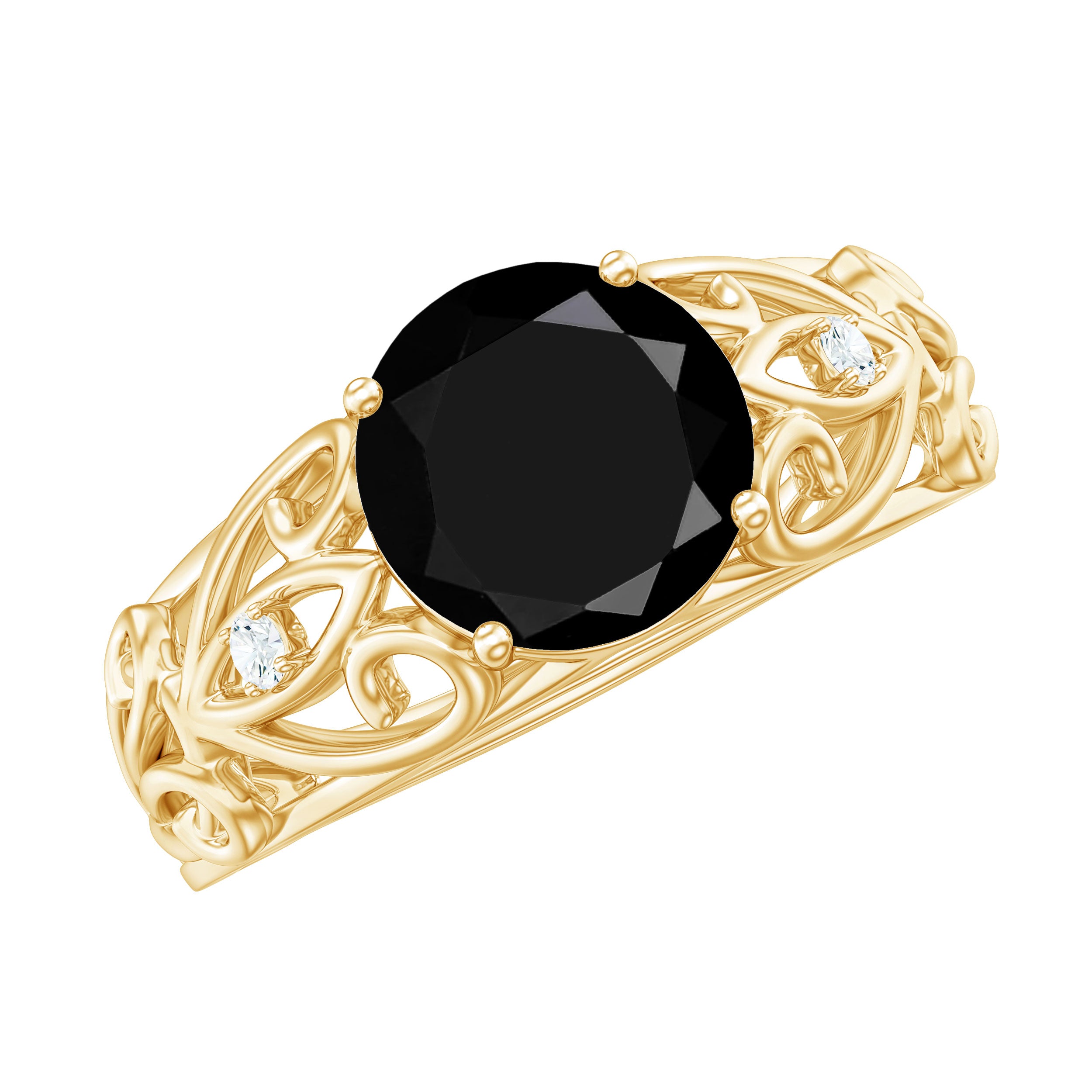 Vintage Inspired Black Onyx Filigree Engagement Ring AAA - Rosec Jewels