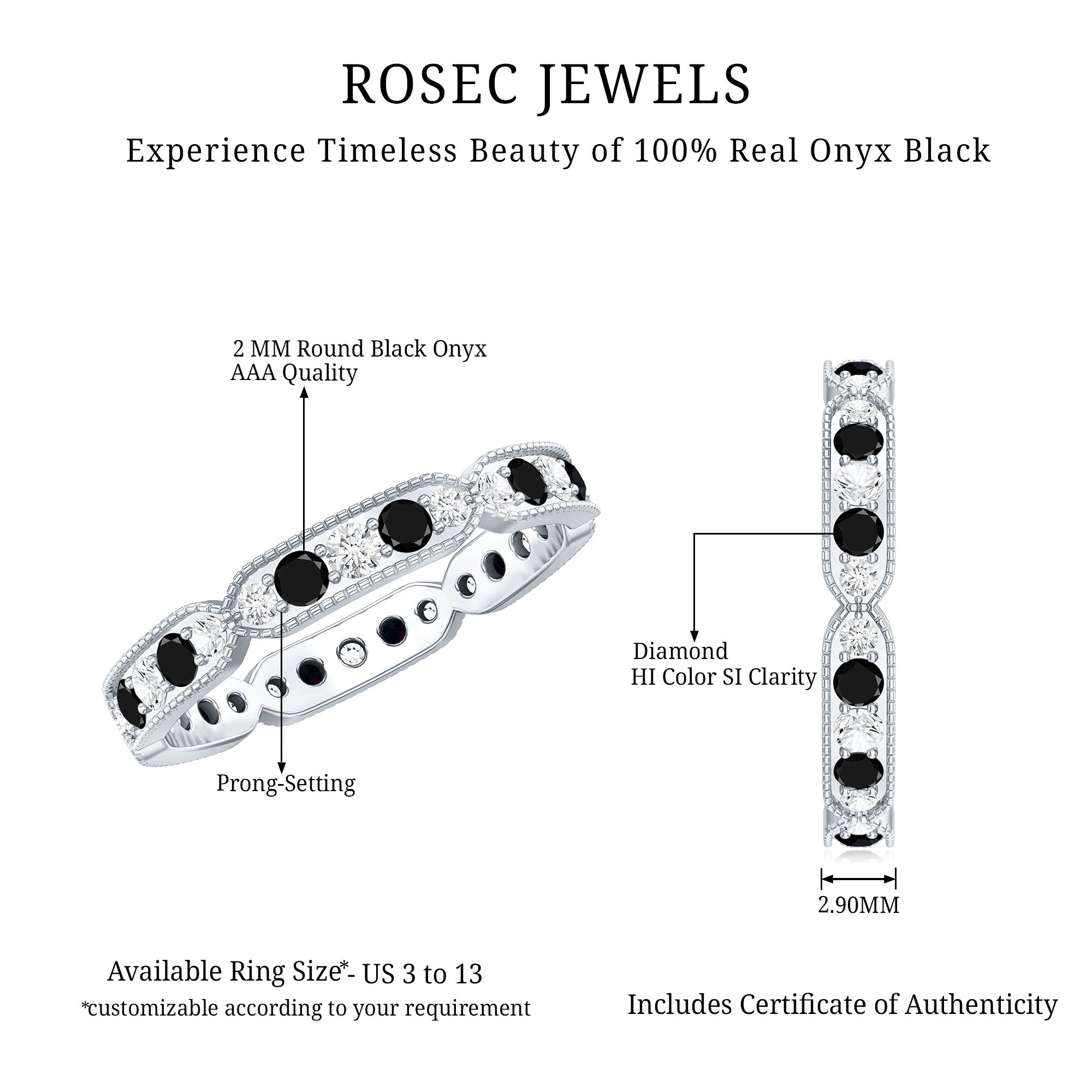 Classic Black Onyx and Diamond Eternity Band Ring AAA - Rosec Jewels
