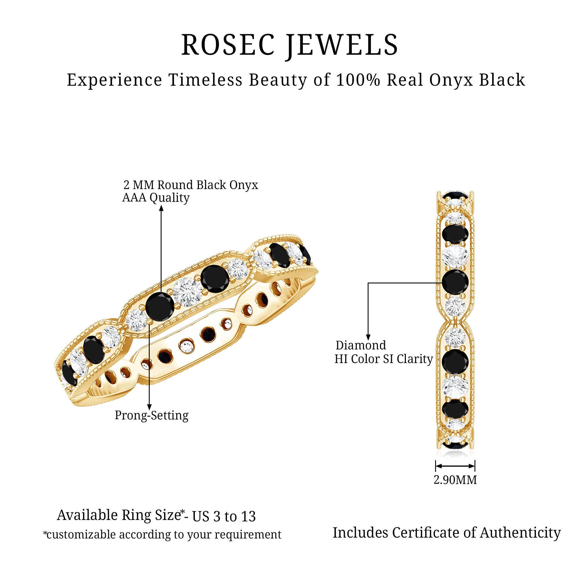 Classic Black Onyx and Diamond Eternity Band Ring AAA - Rosec Jewels