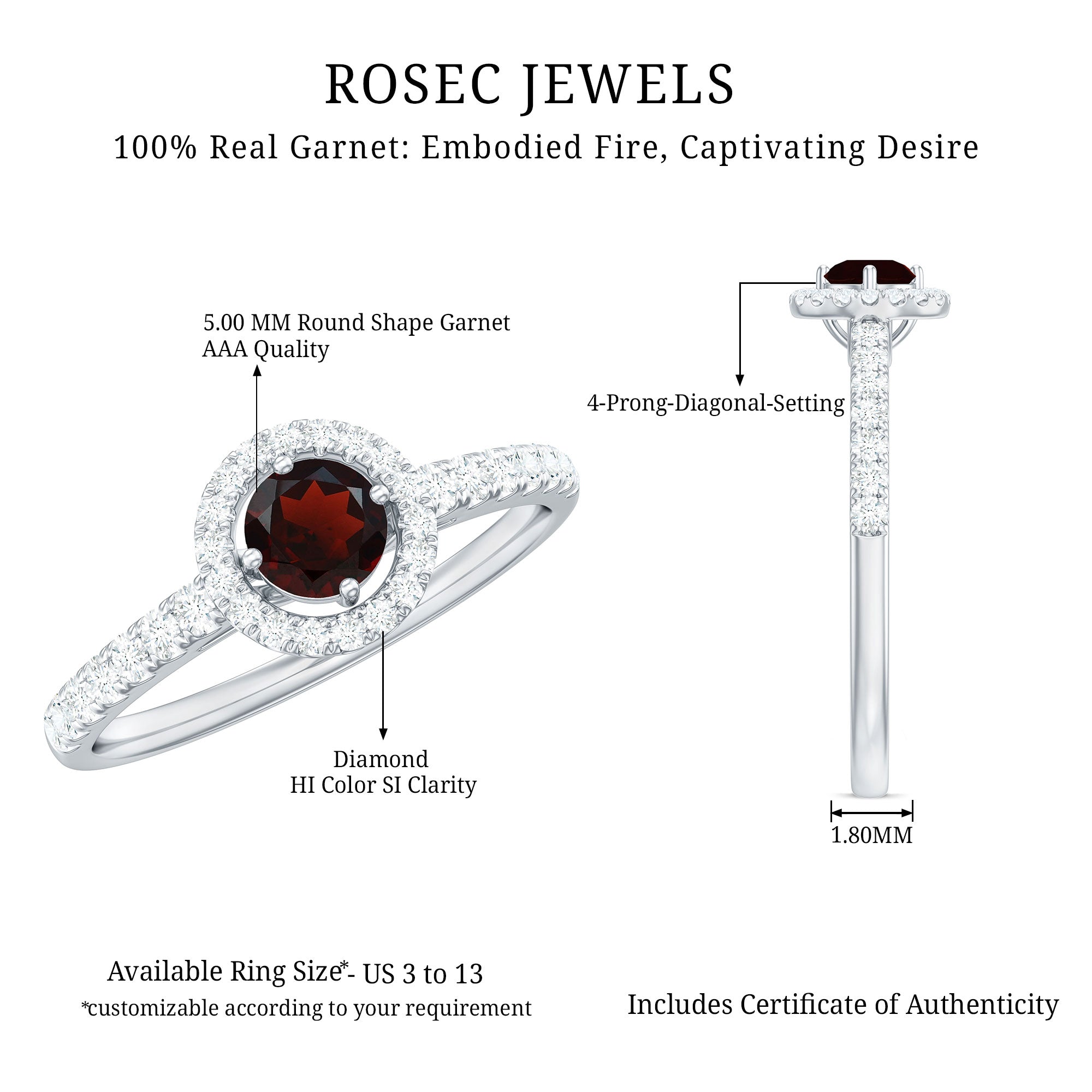 Garnet Minimal Engagement Ring with Diamond Halo AAA - Rosec Jewels
