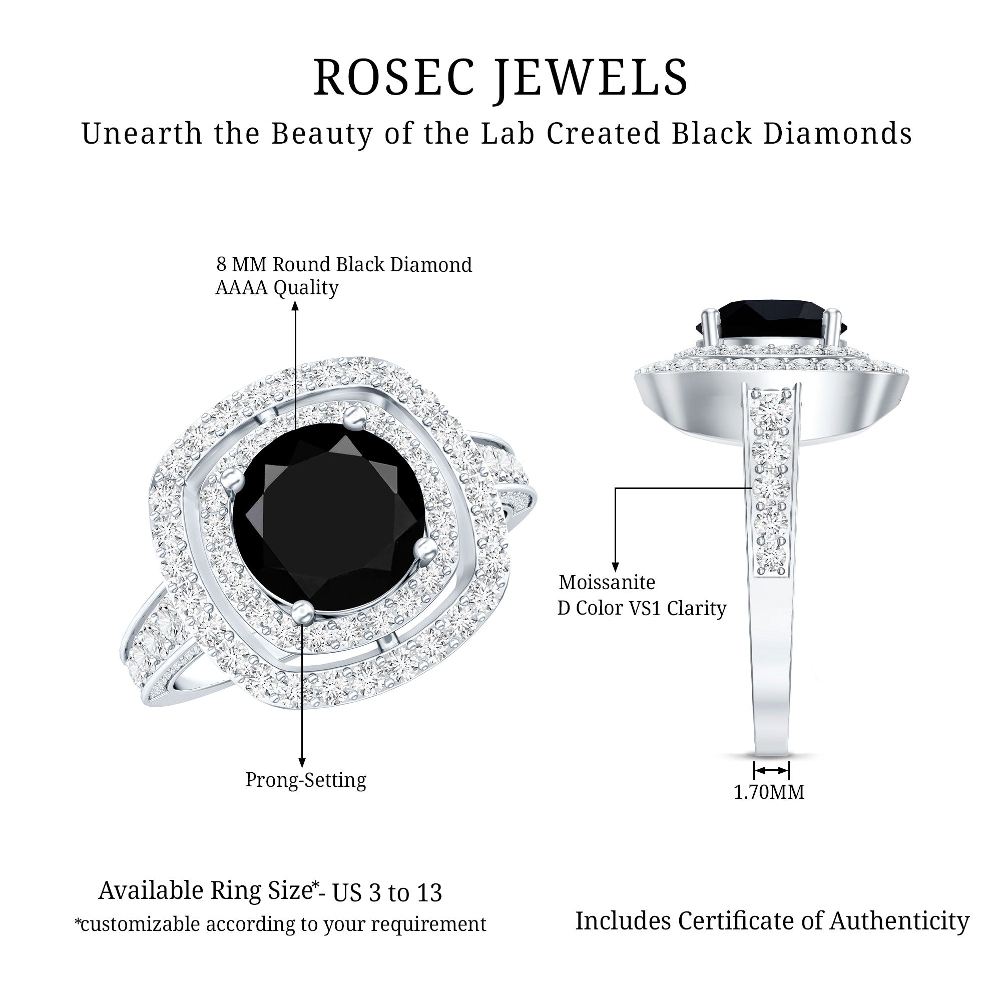 Certified 2 Carat Lab Grown Black Diamond Double Halo Engagement Ring with Moissanite AAAA ( Synthetic ) - Rosec Jewels