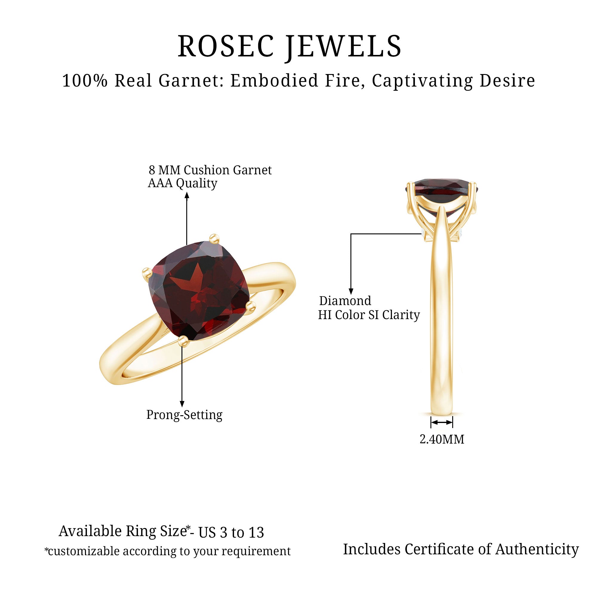 Natural 8mm Garnet Cushion Cut Engagement Ring with Surprise Diamond AAA - Rosec Jewels