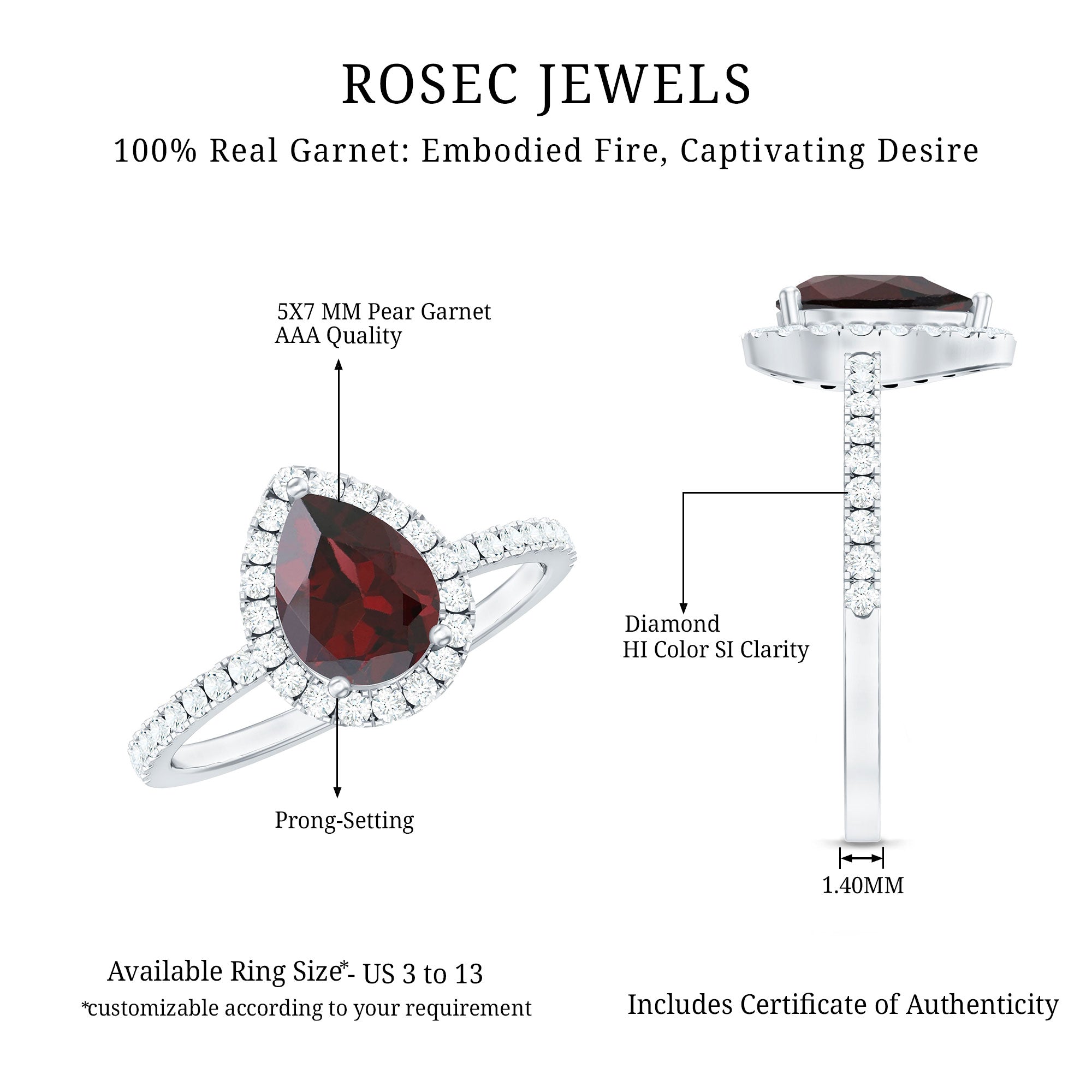 Genuine 5X7mm Garnet Pear Shaped Engagement Ring with Diamond Halo AAA - Rosec Jewels