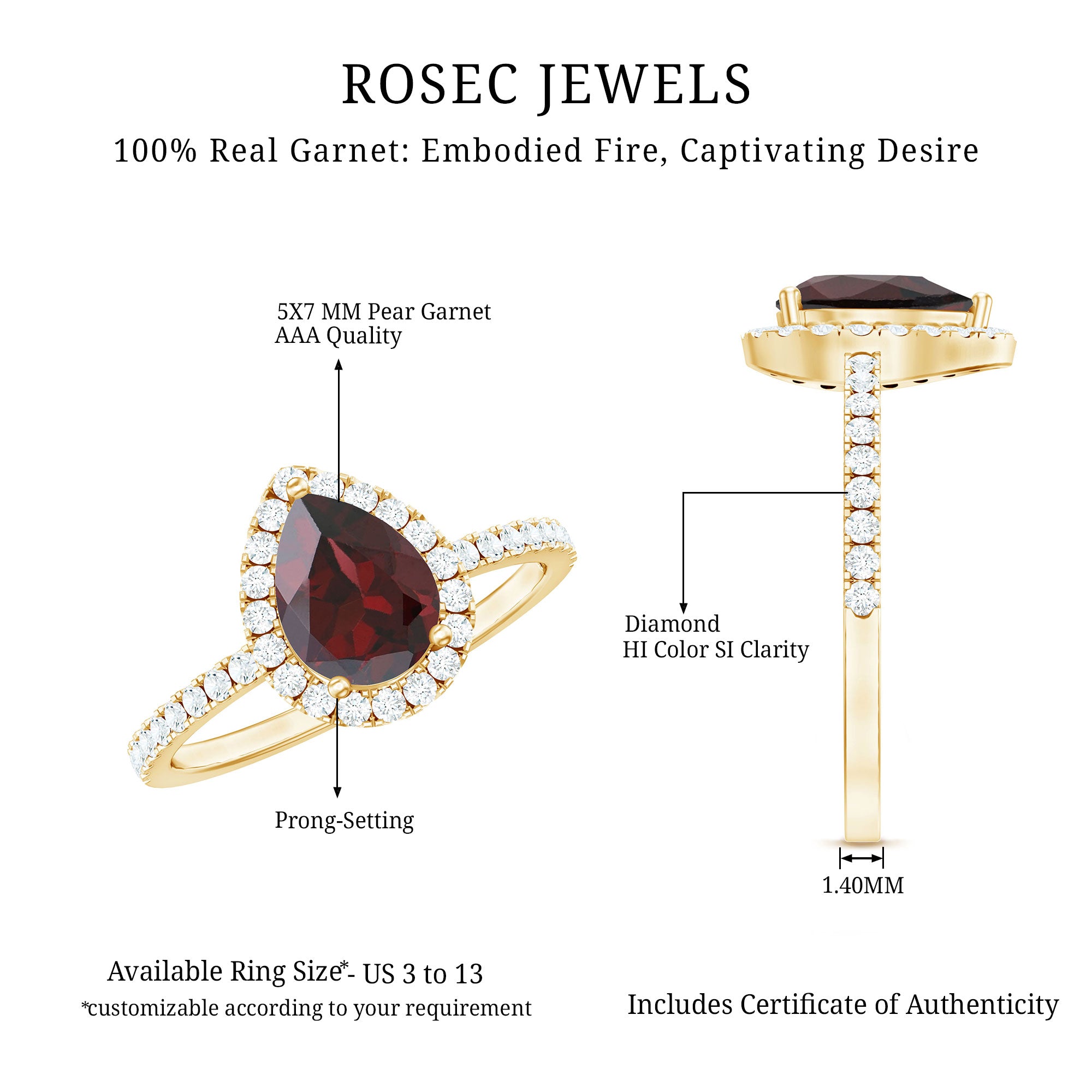 Genuine 5X7mm Garnet Pear Shaped Engagement Ring with Diamond Halo AAA - Rosec Jewels
