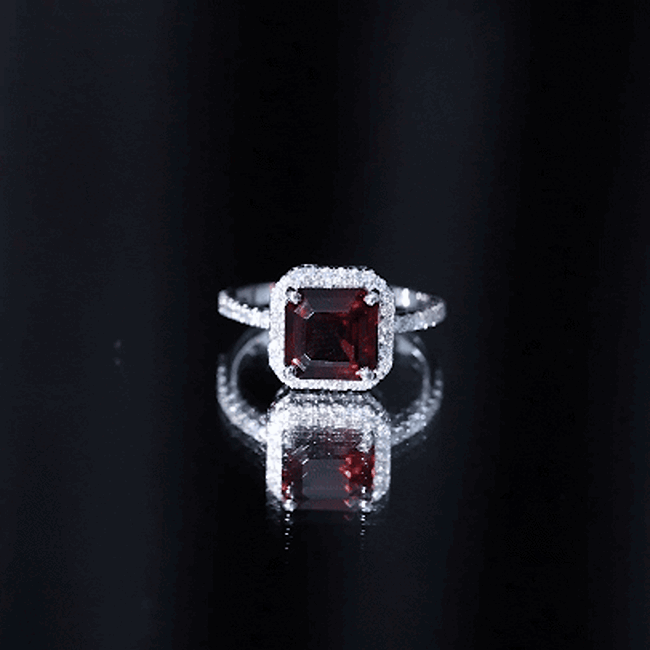 Natural 3.3 Carat Garnet Asscher Cut Engagement Ring with Diamond Halo AAA - Rosec Jewels