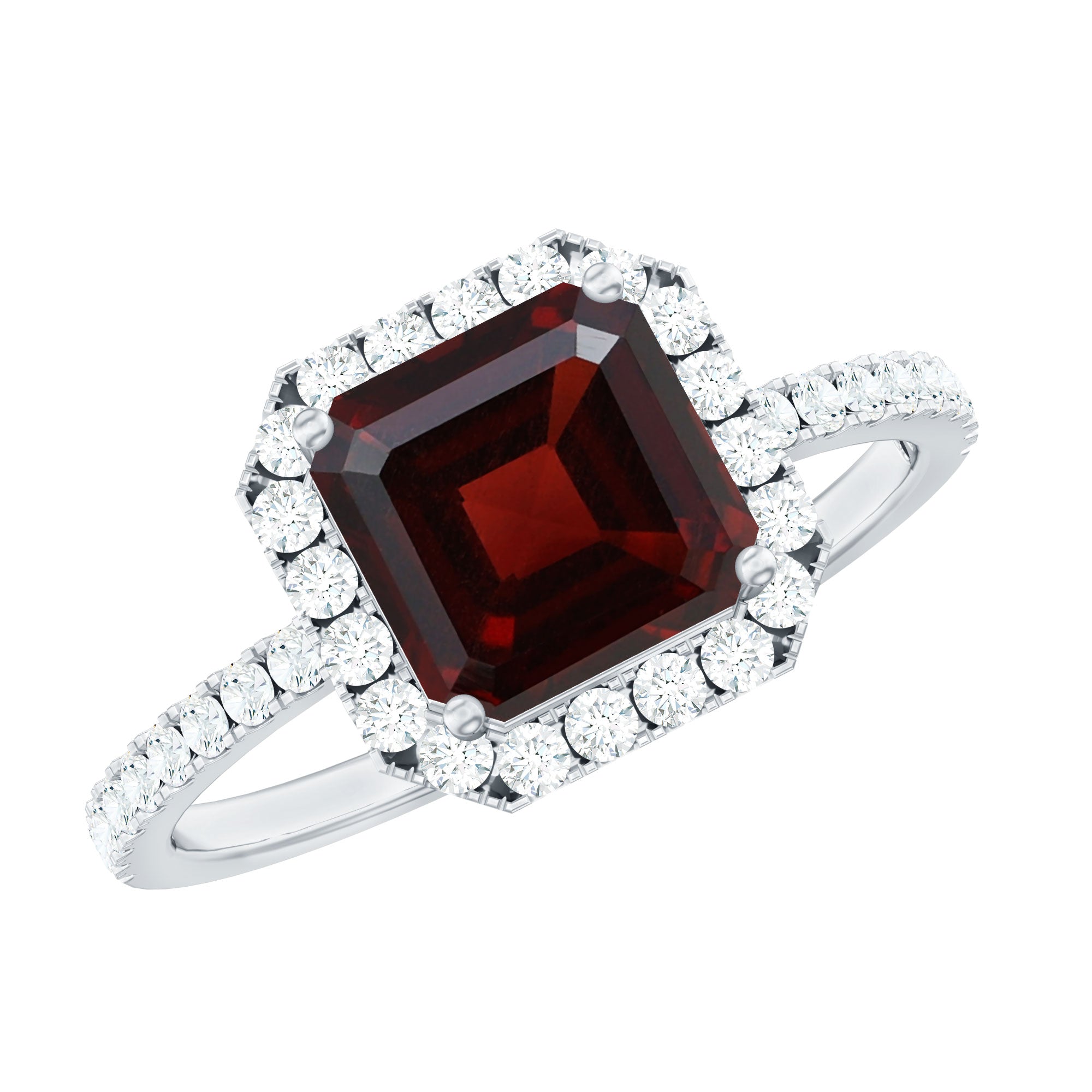 Natural 8mm Garnet Asscher Cut Engagement Ring with Diamond Halo