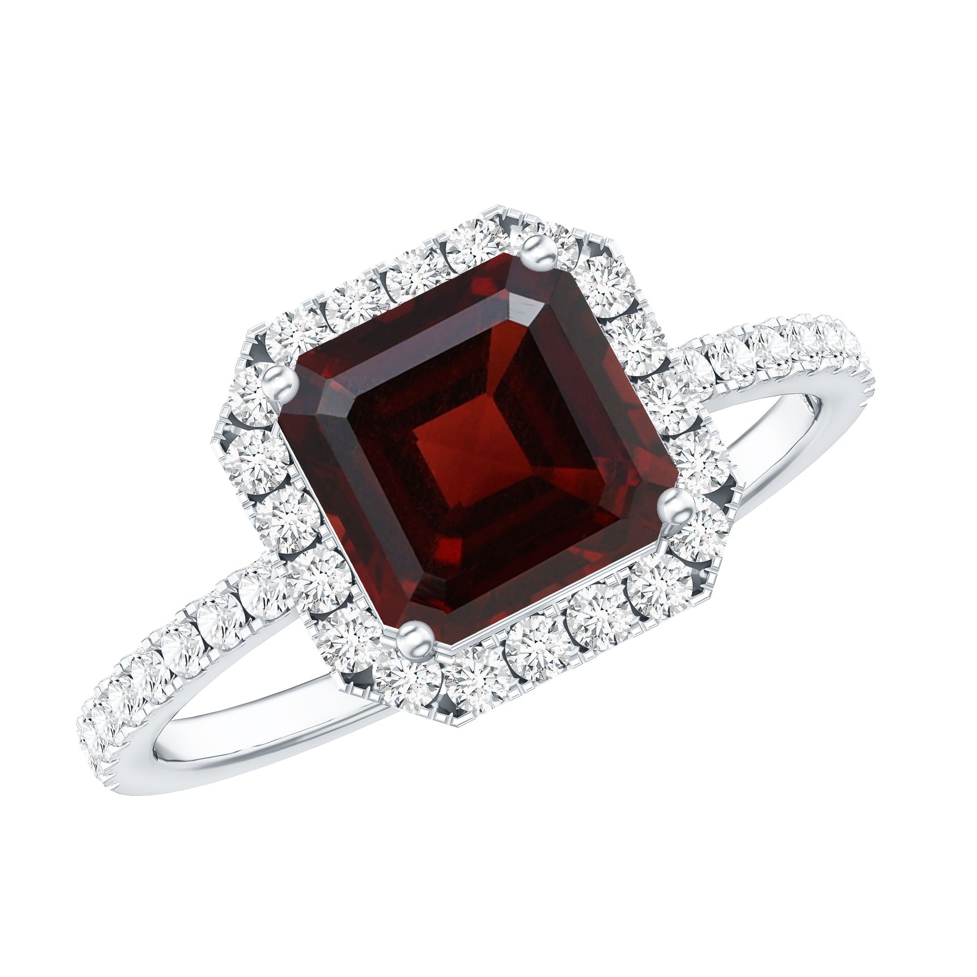 Natural 3.3 Carat Garnet Asscher Cut Engagement Ring with Diamond Halo AAA - Rosec Jewels