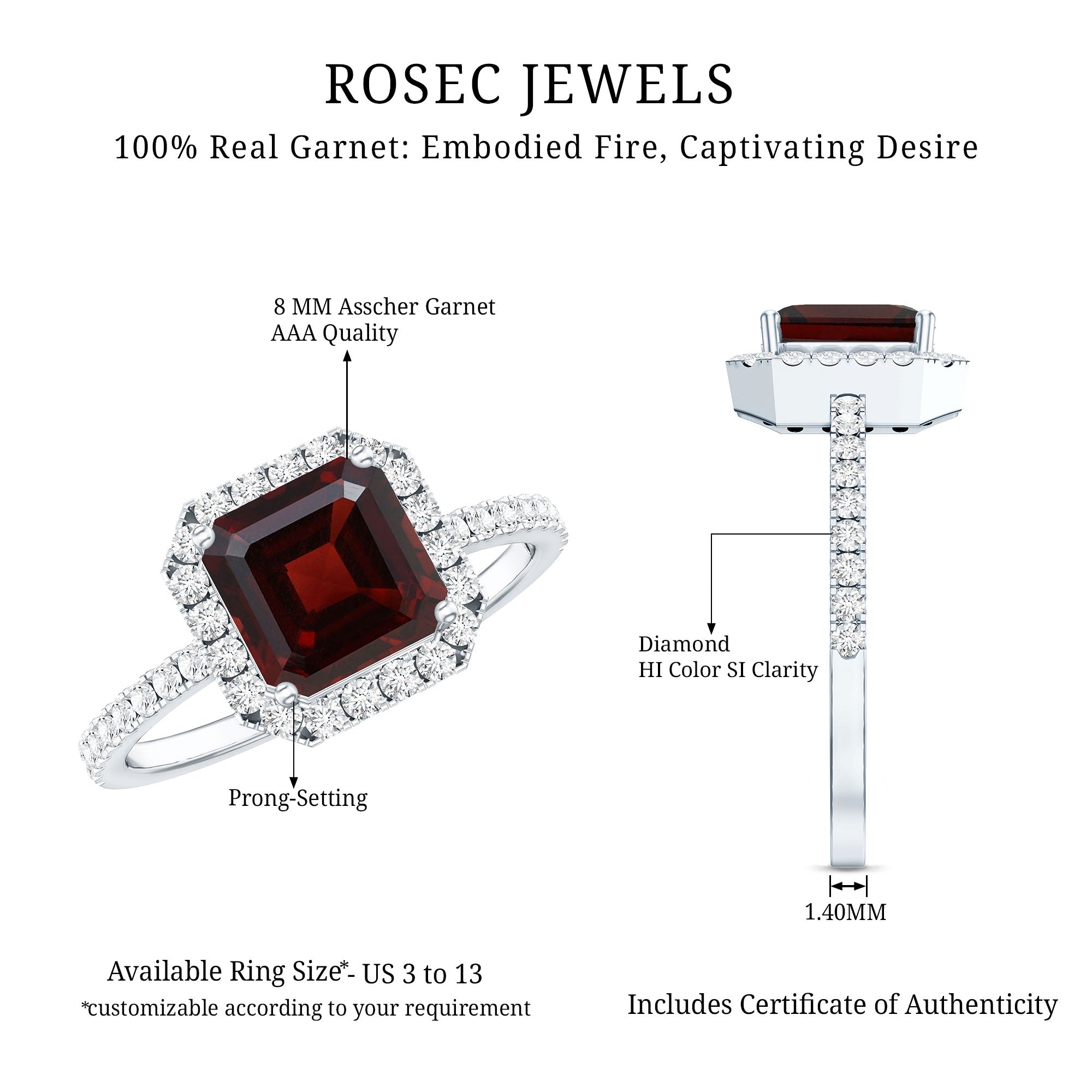 Natural 3.3 Carat Garnet Asscher Cut Engagement Ring with Diamond Halo AAA - Rosec Jewels