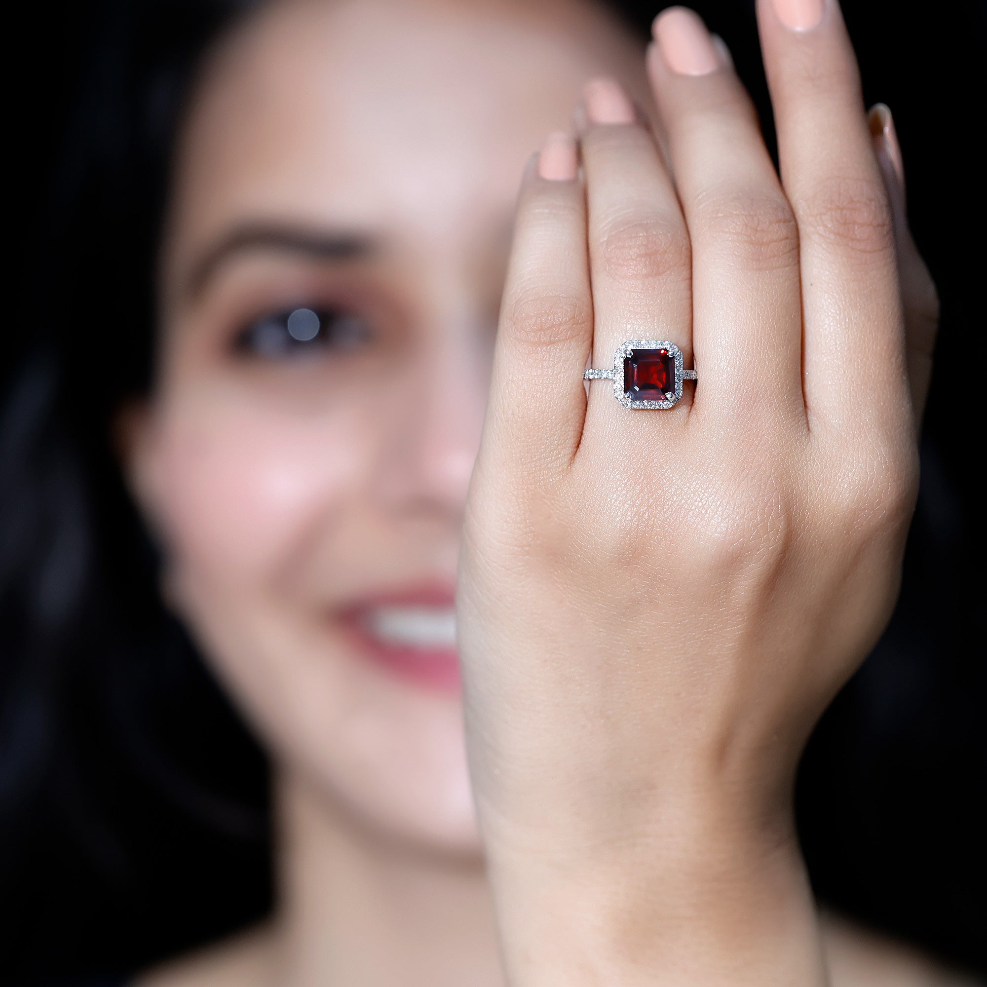 Natural 3.3 Carat Garnet Asscher Cut Engagement Ring with Diamond Halo AAA - Rosec Jewels