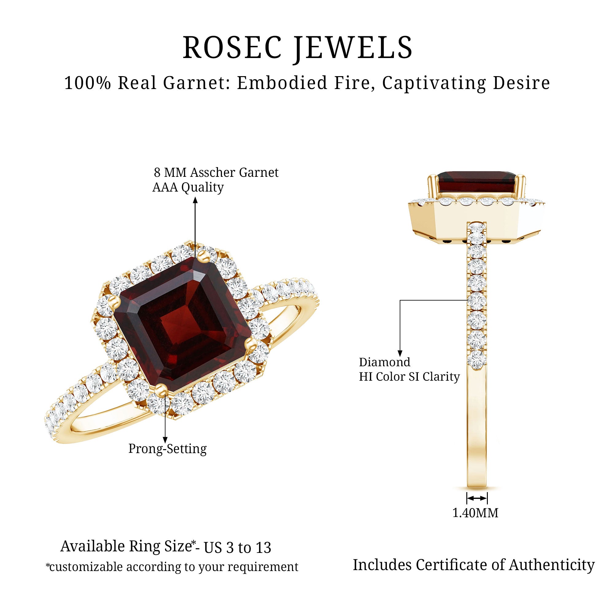 Natural 3.3 Carat Garnet Asscher Cut Engagement Ring with Diamond Halo AAA - Rosec Jewels